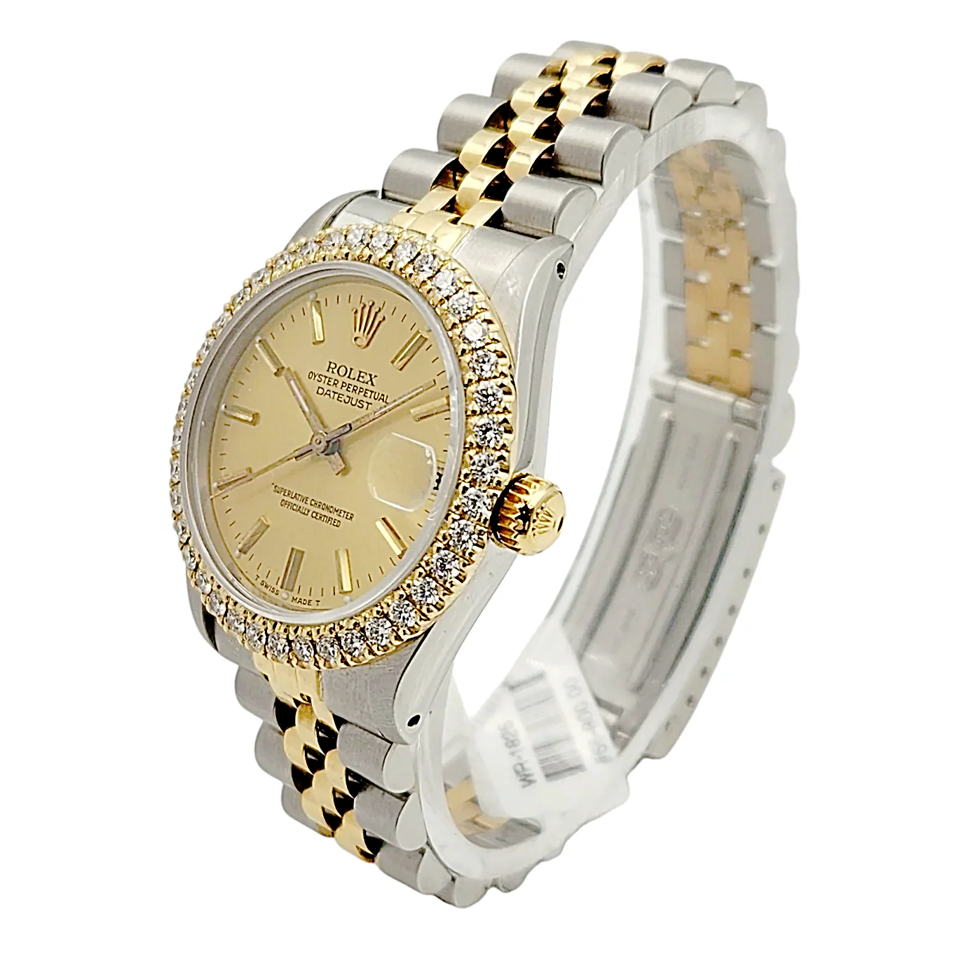 Ladies Rolex Midsize 31mm DateJust Two Tone 18K Yellow Gold / Stainless Steel Watch with Gold Dial and Diamond Bezel. (Pre-Owned 68273)