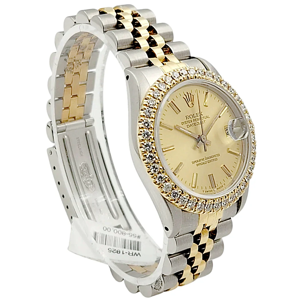Ladies Rolex Midsize 31mm DateJust Two Tone 18K Yellow Gold / Stainless Steel Watch with Gold Dial and Diamond Bezel. (Pre-Owned 68273)