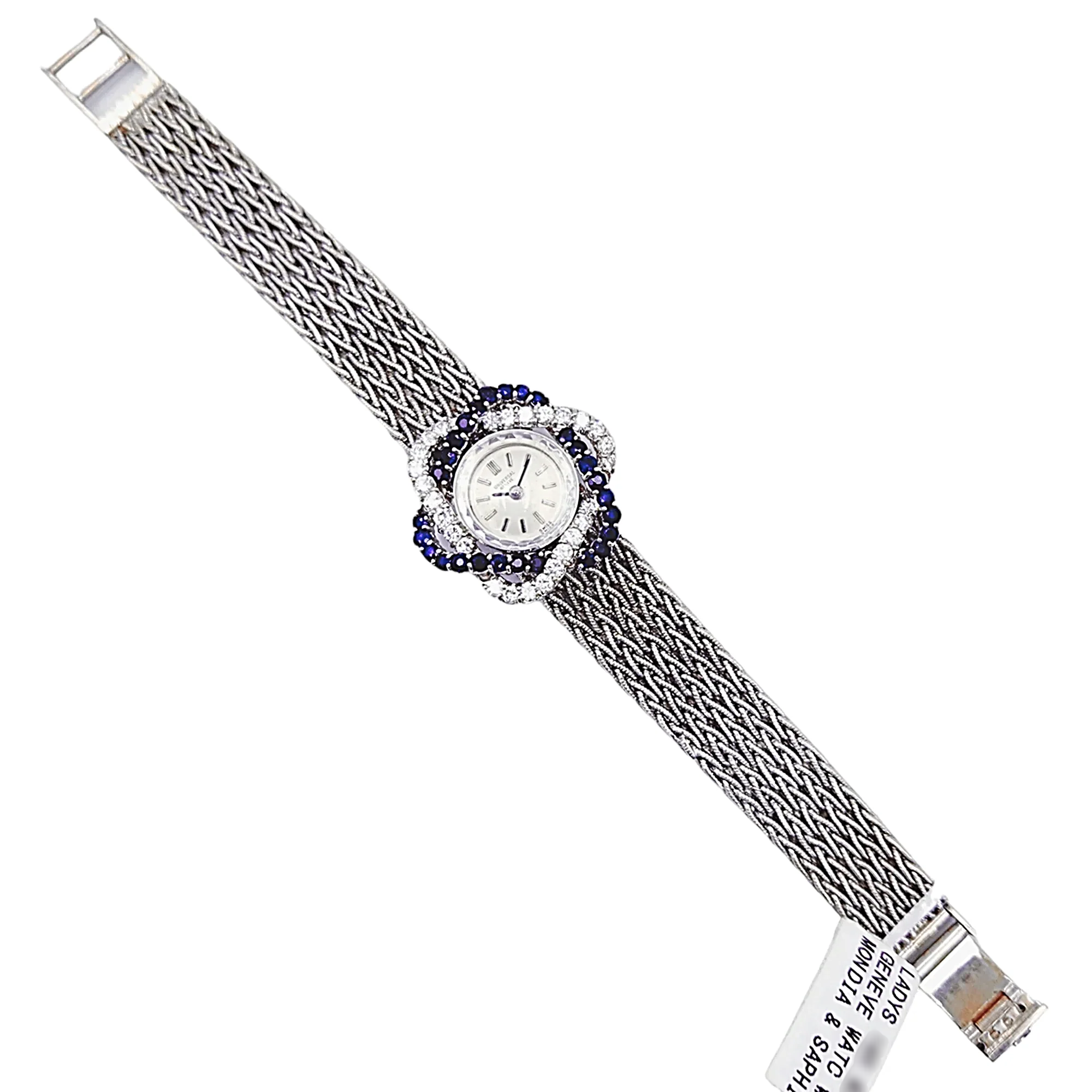 Ladies Universal Genève Vintage 22mm Watch with Blue Saphire / Natural Diamonds in 18K White Gold Band. (Pre-Owned)