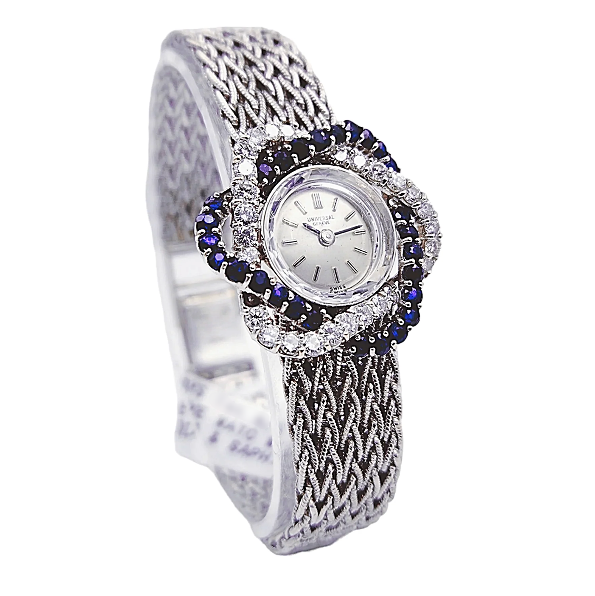 Ladies Universal Genève Vintage 22mm Watch with Blue Saphire / Natural Diamonds in 18K White Gold Band. (Pre-Owned)