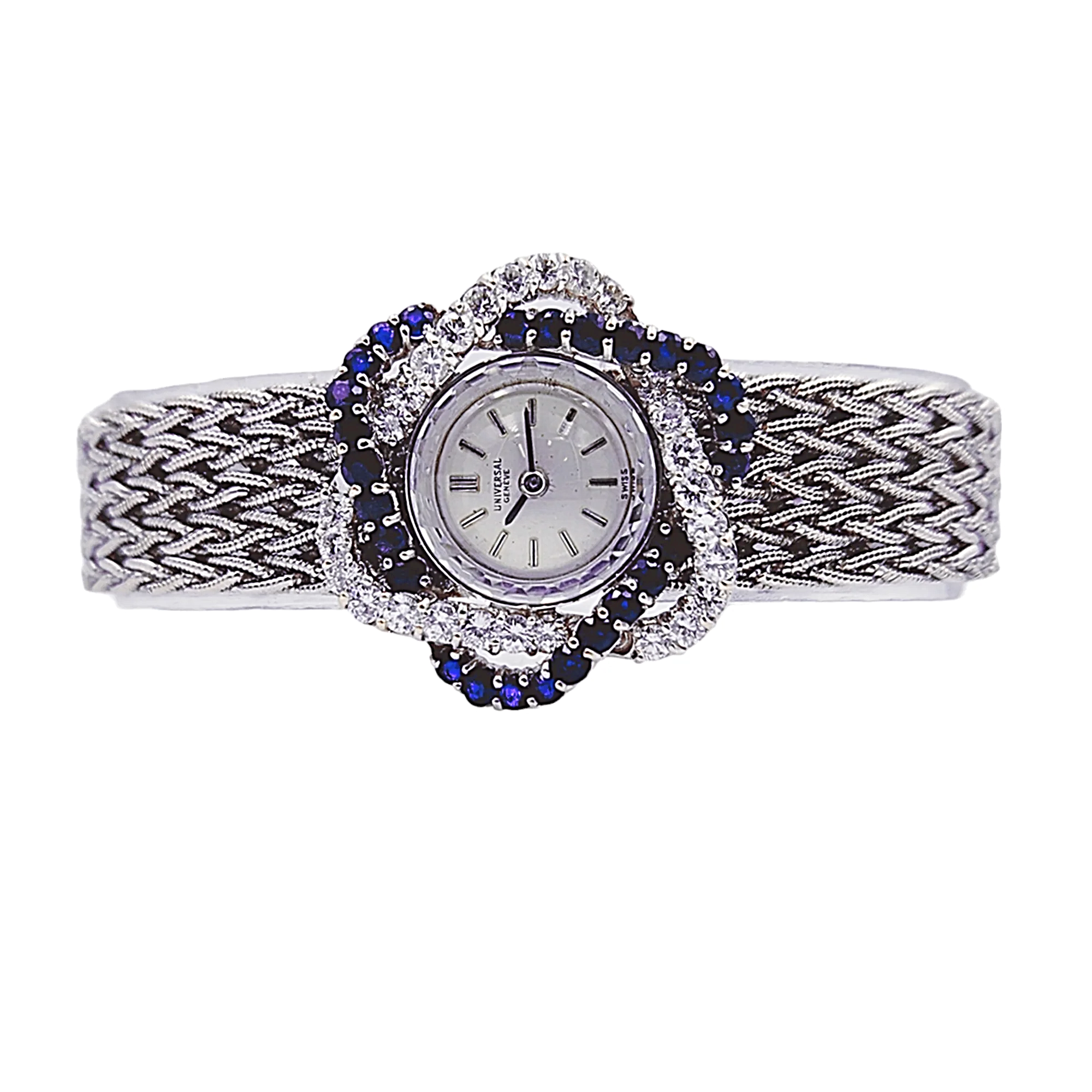 Ladies Universal Genève Vintage 22mm Watch with Blue Saphire / Natural Diamonds in 18K White Gold Band. (Pre-Owned)