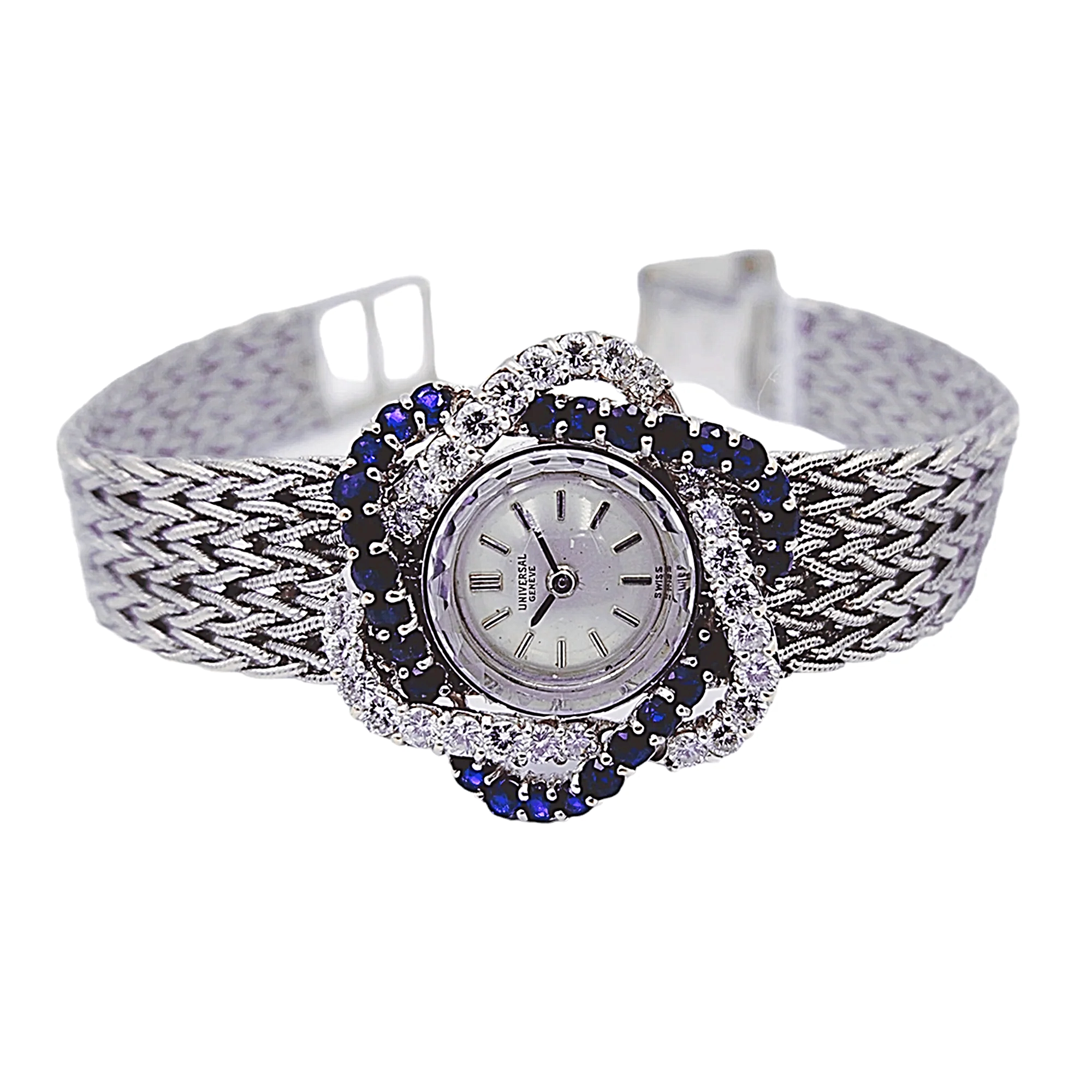 Ladies Universal Genève Vintage 22mm Watch with Blue Saphire / Natural Diamonds in 18K White Gold Band. (Pre-Owned)