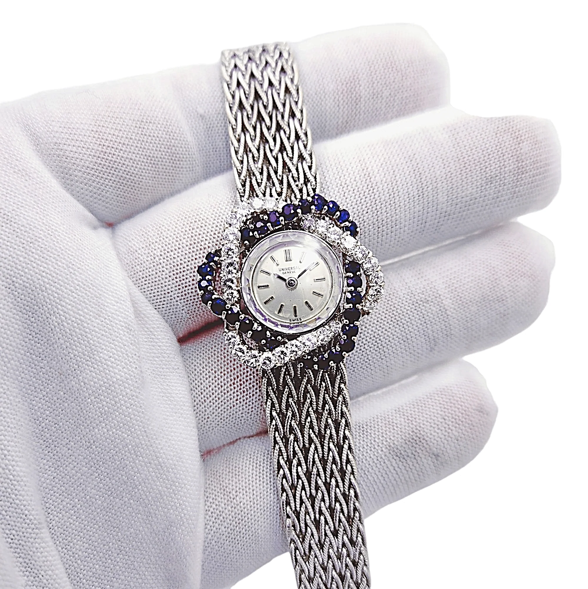 Ladies Universal Genève Vintage 22mm Watch with Blue Saphire / Natural Diamonds in 18K White Gold Band. (Pre-Owned)