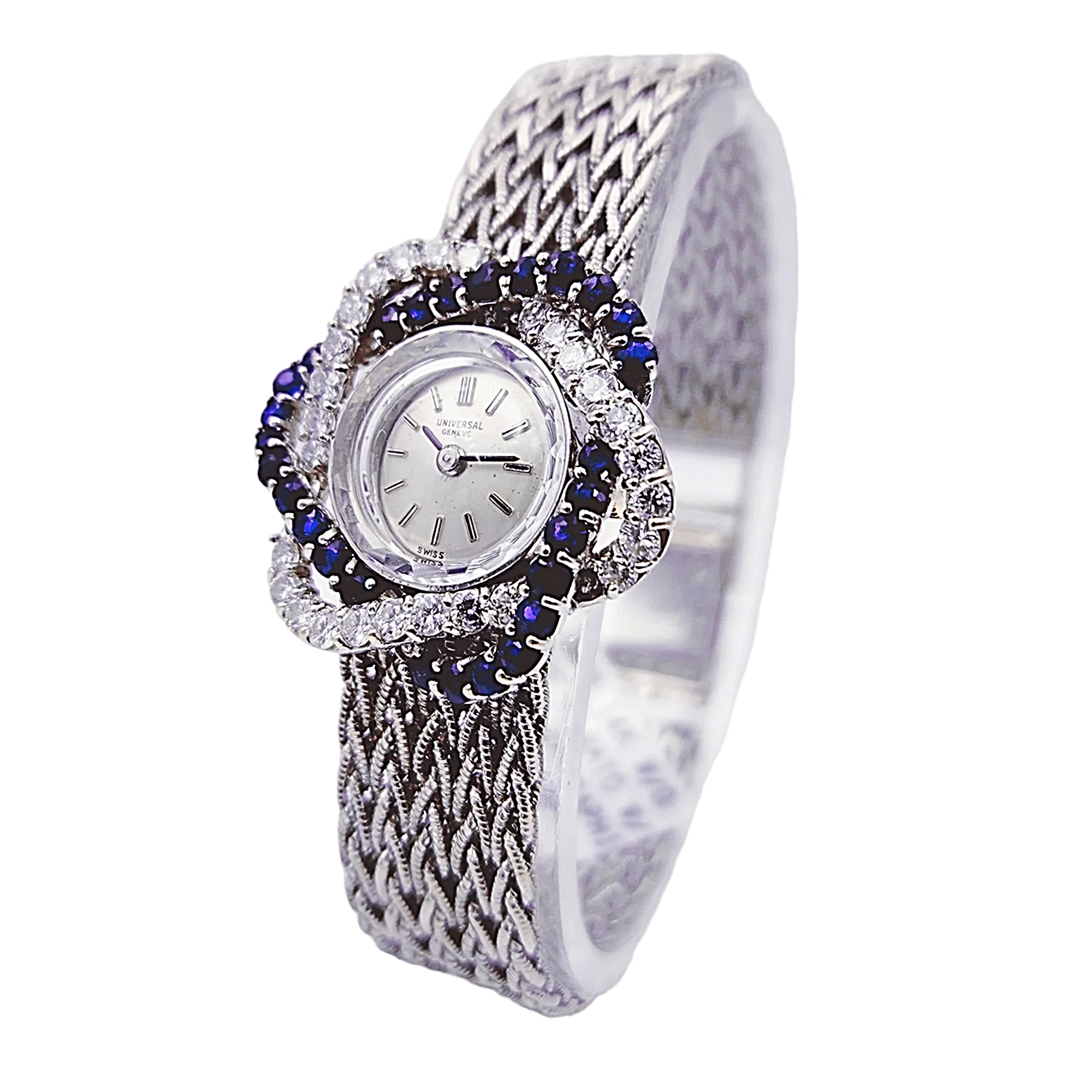 Ladies Universal Genève Vintage 22mm Watch with Blue Saphire / Natural Diamonds in 18K White Gold Band. (Pre-Owned)