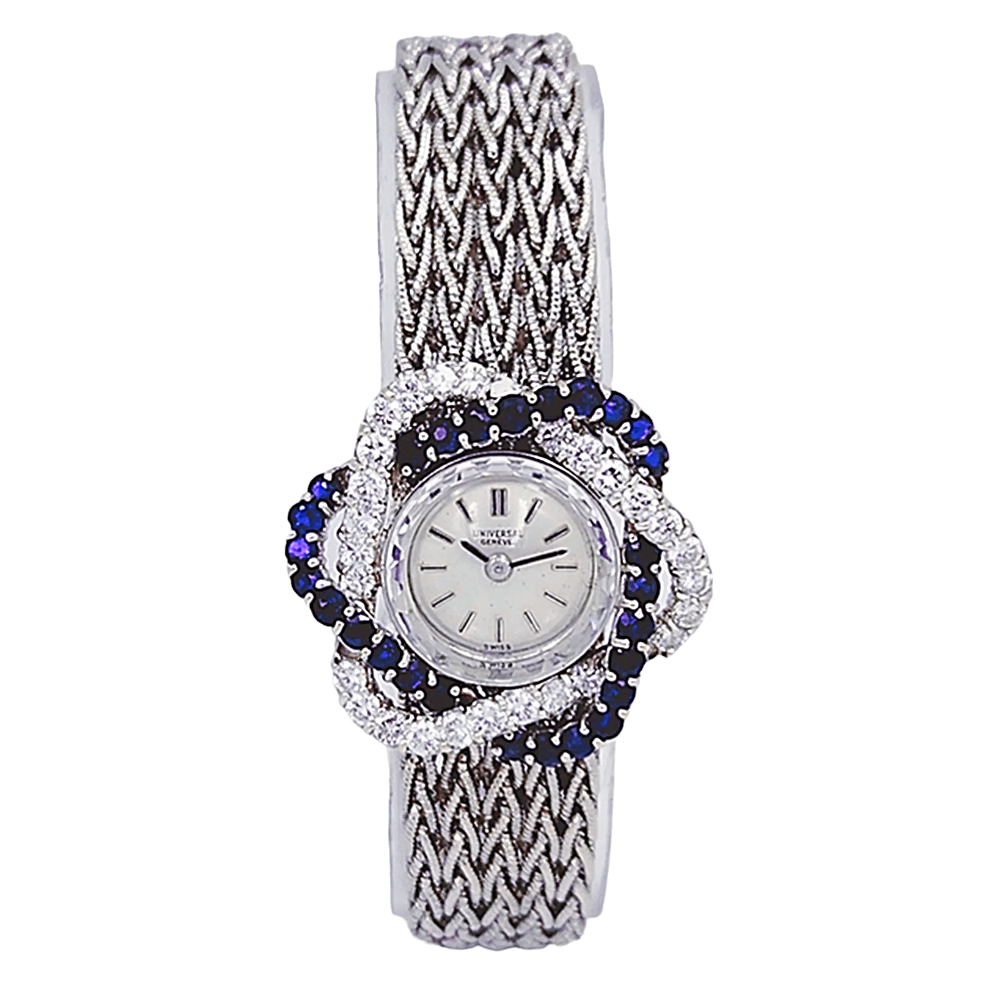 Ladies Universal Genève Vintage 22mm Watch with Blue Saphire / Natural Diamonds in 18K White Gold Band. (Pre-Owned)