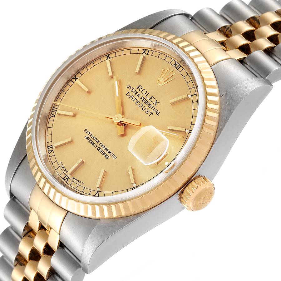 Men's Rolex 36mm DateJust 18K Gold / Stainless Steel Two Tone Wristwatch w/ Fluted Bezel & Champagne Dial. (NEW 16233)