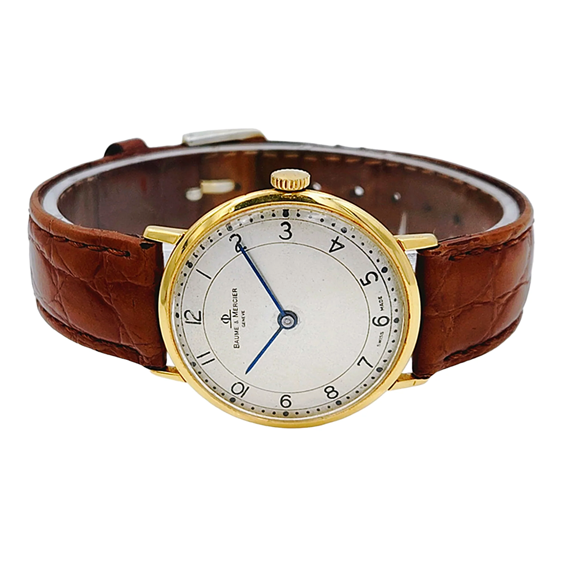 Men's Baume & Mercier 33mm Vintage 18K Yellow Gold Automatic Watch with Brown Leather Band and Egg-Shell Dial. (Pre-Owned 35061)