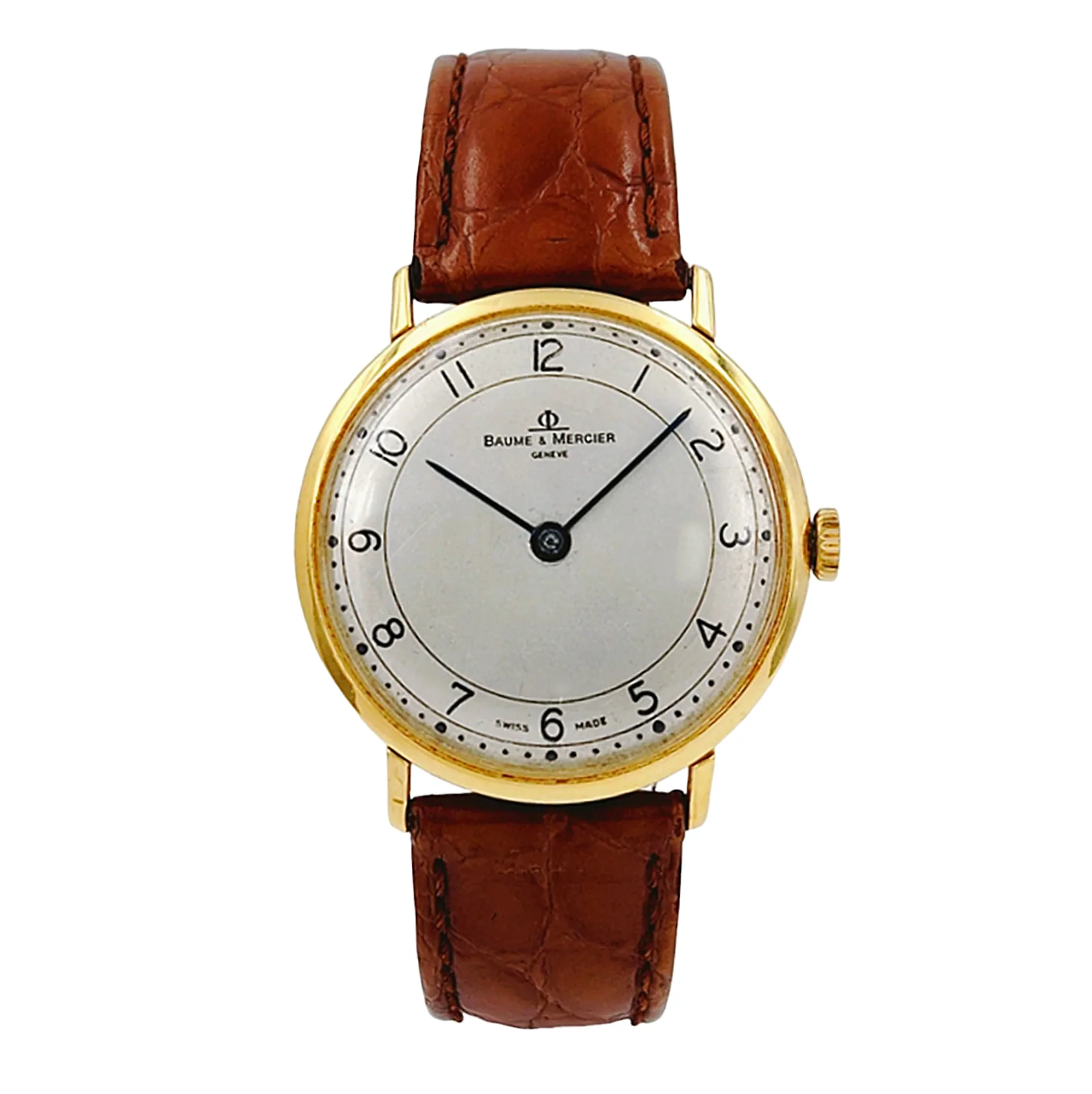 Men's Baume & Mercier 33mm Vintage 18K Yellow Gold Automatic Watch with Brown Leather Band and Egg-Shell Dial. (Pre-Owned 35061)