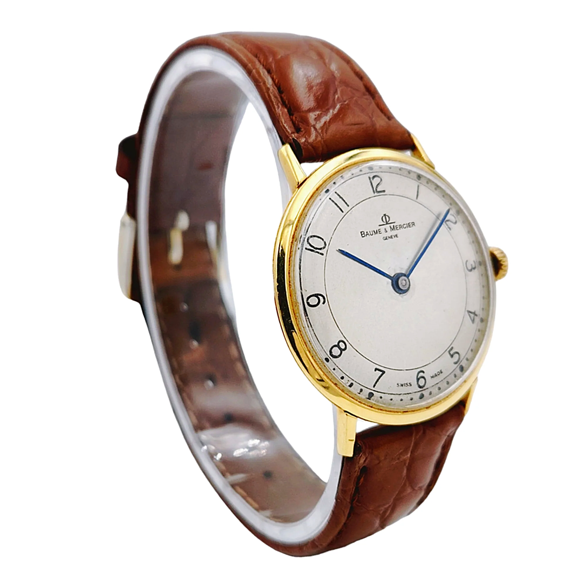 Men's Baume & Mercier 33mm Vintage 18K Yellow Gold Automatic Watch with Brown Leather Band and Egg-Shell Dial. (Pre-Owned 35061)