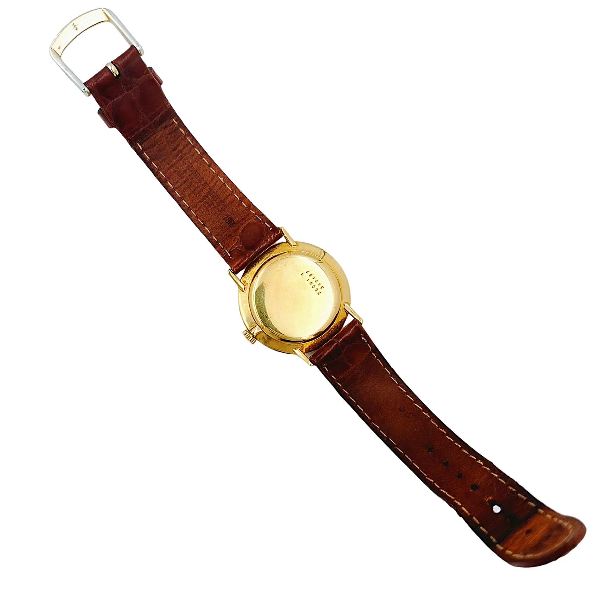 Men's Baume & Mercier 33mm Vintage 18K Yellow Gold Automatic Watch with Brown Leather Band and Egg-Shell Dial. (Pre-Owned 35061)