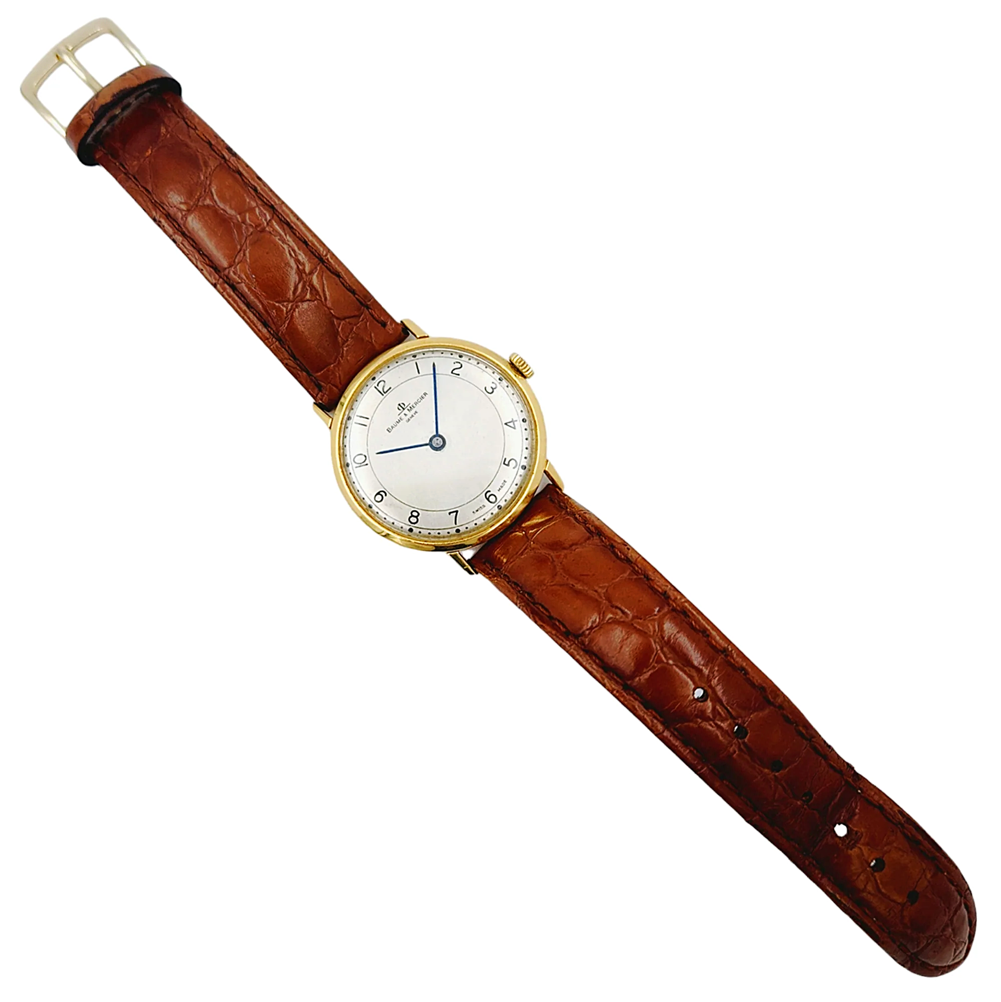 Men's Baume & Mercier 33mm Vintage 18K Yellow Gold Automatic Watch with Brown Leather Band and Egg-Shell Dial. (Pre-Owned 35061)