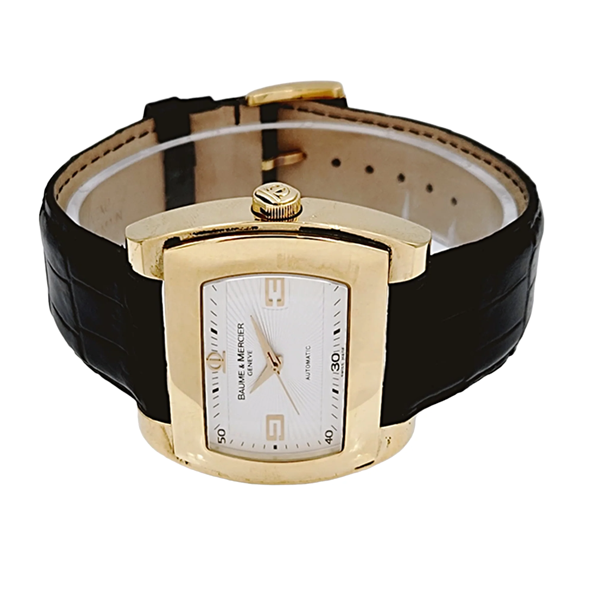 Men's Baume & Mercier 38mm x 42mm Hampton 18K Solid Yellow Gold Automatic Watch with Black Leather Band and Silver Dial. (Pre-Owned)