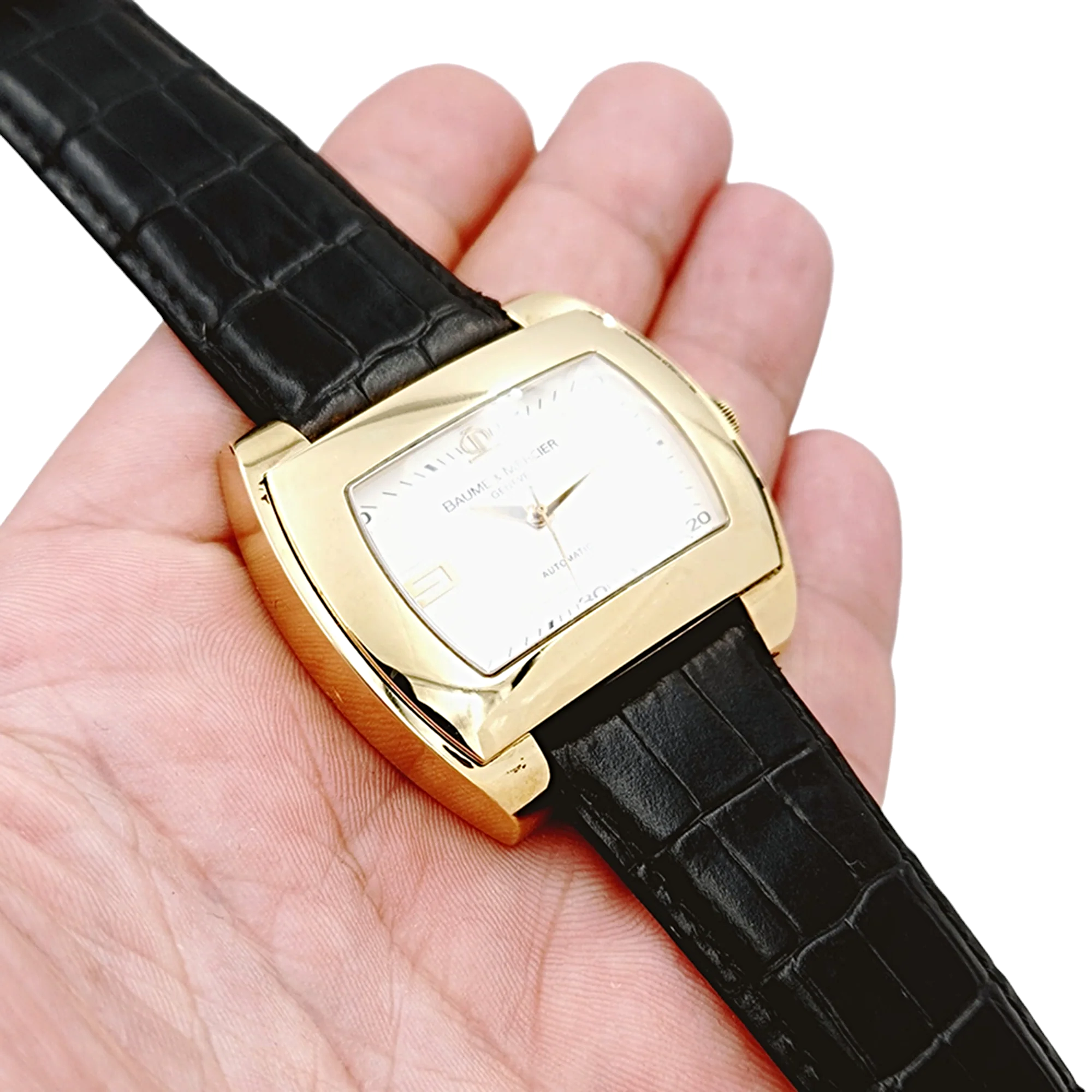Men's Baume & Mercier 38mm x 42mm Hampton 18K Solid Yellow Gold Automatic Watch with Black Leather Band and Silver Dial. (Pre-Owned)