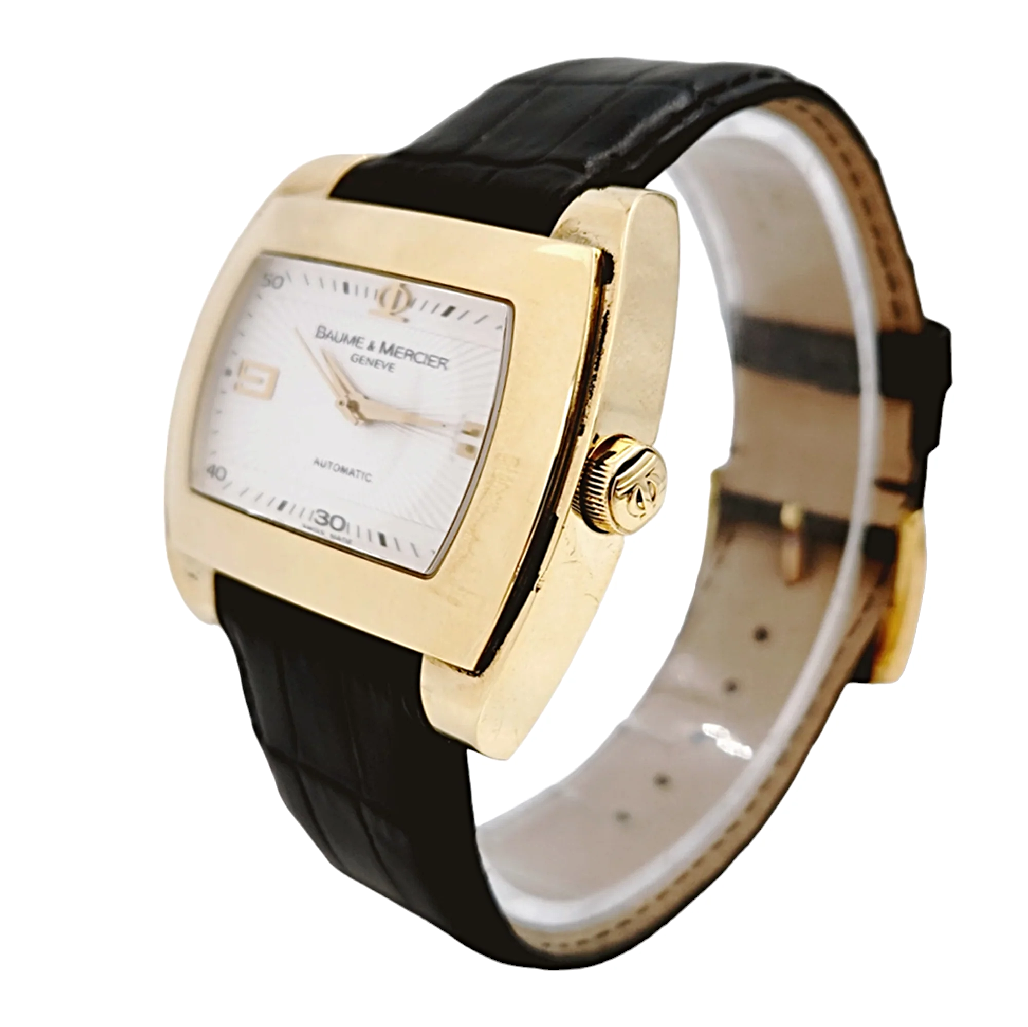 Men's Baume & Mercier 38mm x 42mm Hampton 18K Solid Yellow Gold Automatic Watch with Black Leather Band and Silver Dial. (Pre-Owned)