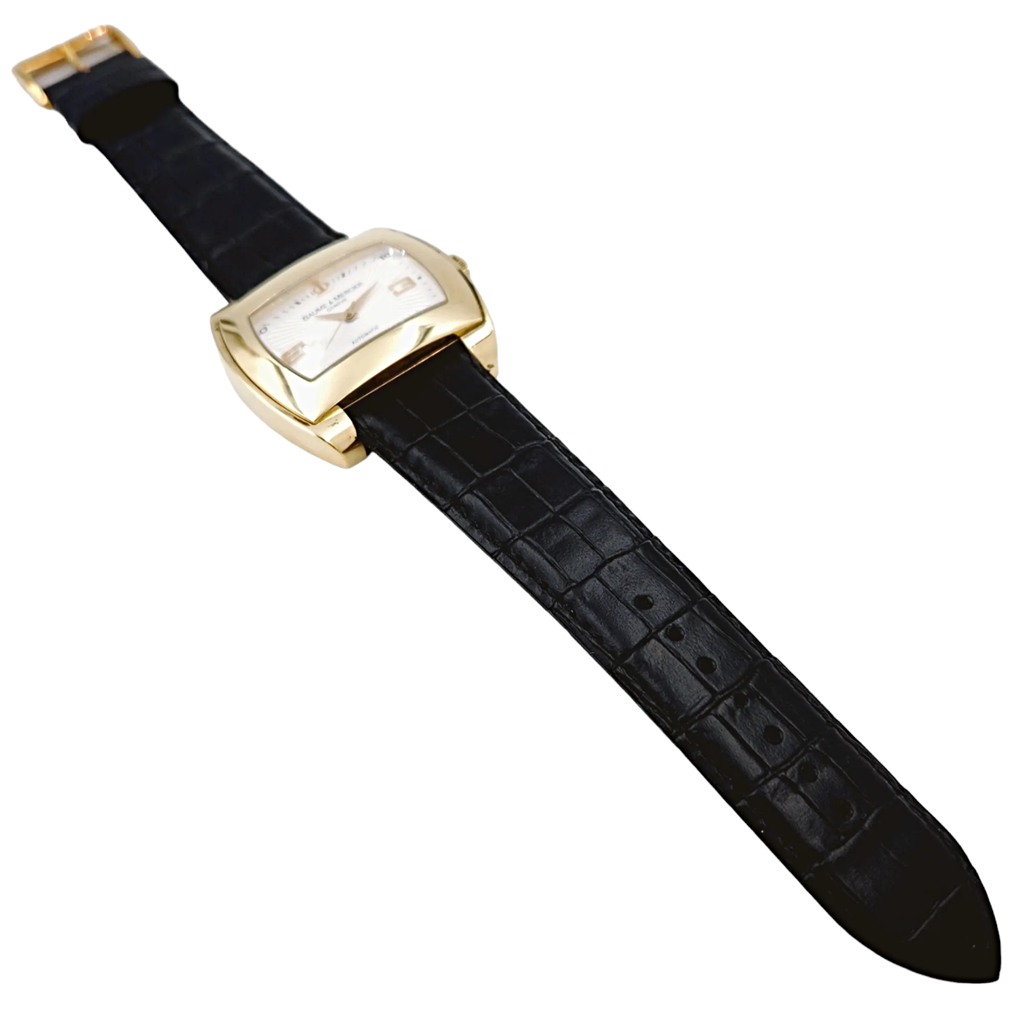 Men's Baume & Mercier 38mm x 42mm Hampton 18K Solid Yellow Gold Automatic Watch with Black Leather Band and Silver Dial. (Pre-Owned)