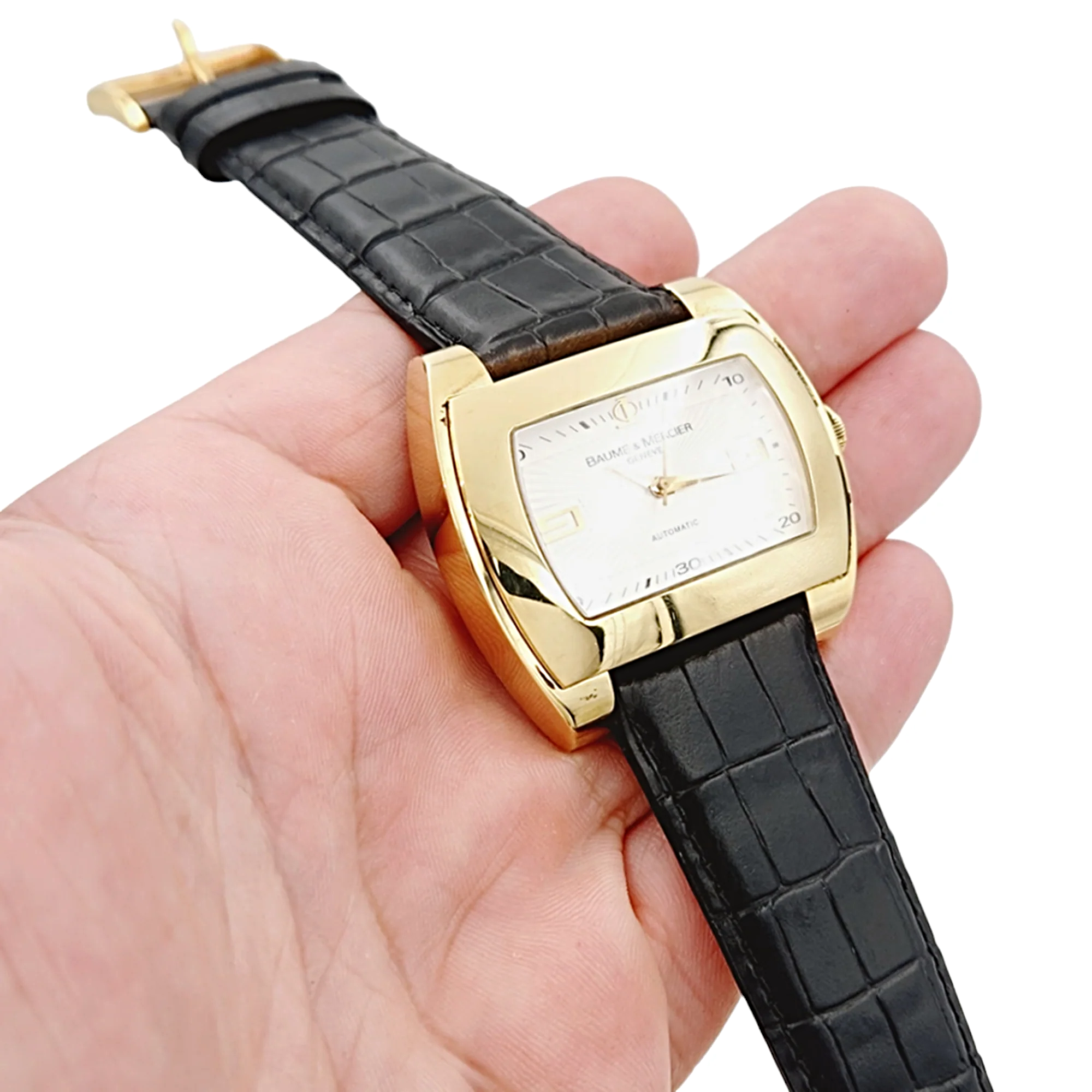 Men's Baume & Mercier 38mm x 42mm Hampton 18K Solid Yellow Gold Automatic Watch with Black Leather Band and Silver Dial. (Pre-Owned)