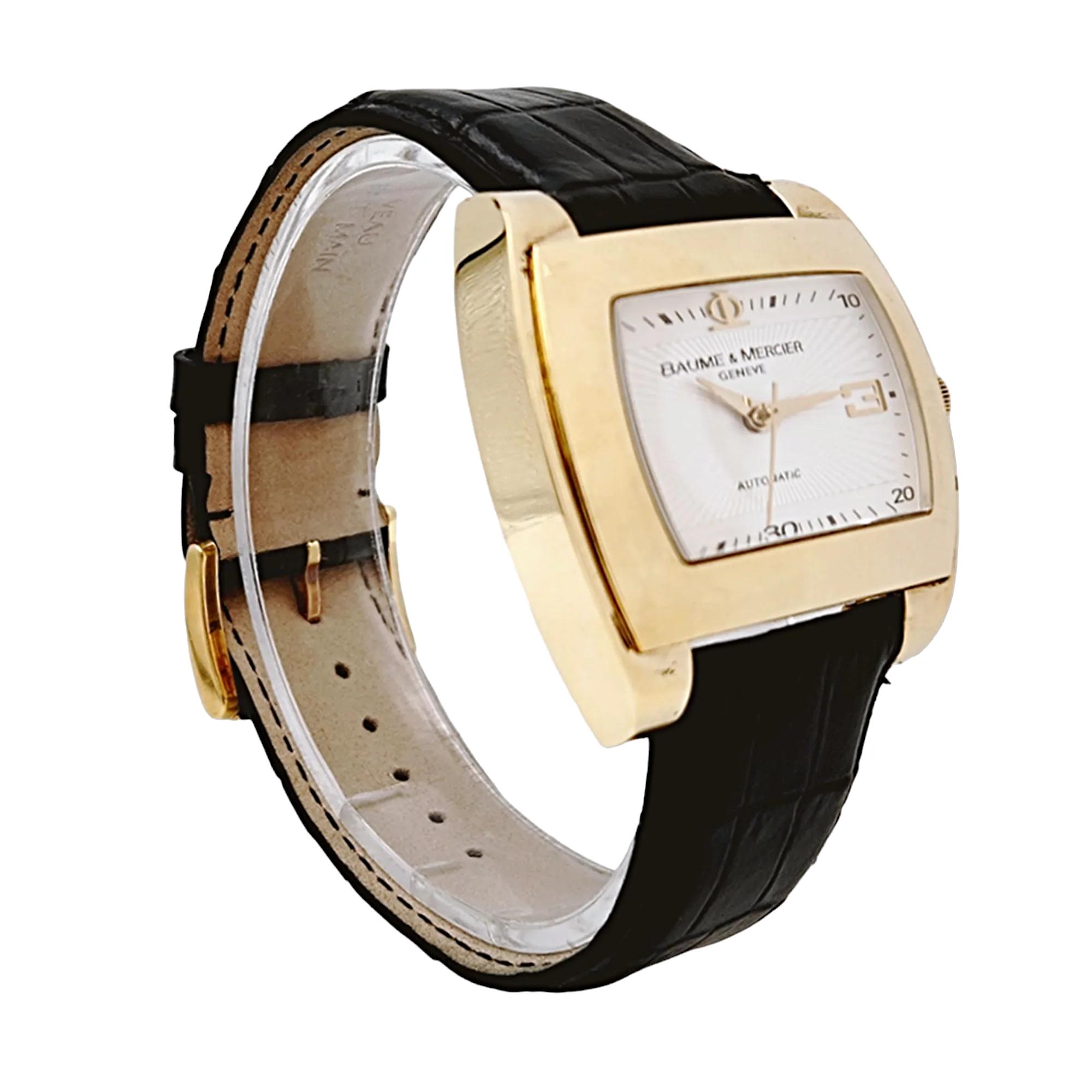 Men's Baume & Mercier 38mm x 42mm Hampton 18K Solid Yellow Gold Automatic Watch with Black Leather Band and Silver Dial. (Pre-Owned)