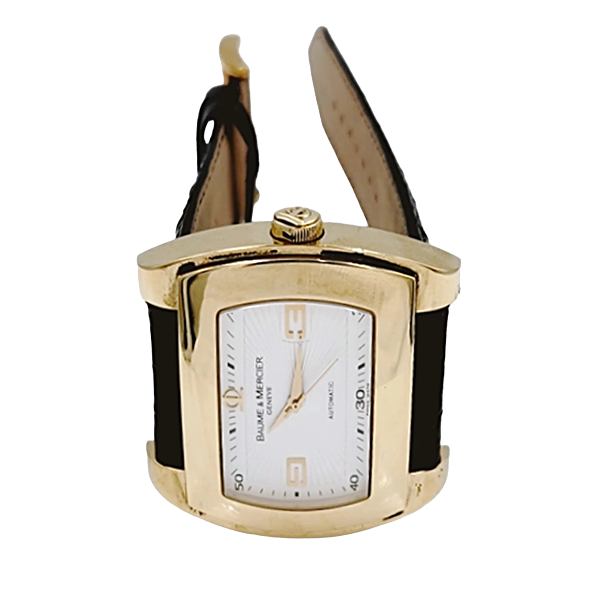 Men's Baume & Mercier 38mm x 42mm Hampton 18K Solid Yellow Gold Automatic Watch with Black Leather Band and Silver Dial. (Pre-Owned)