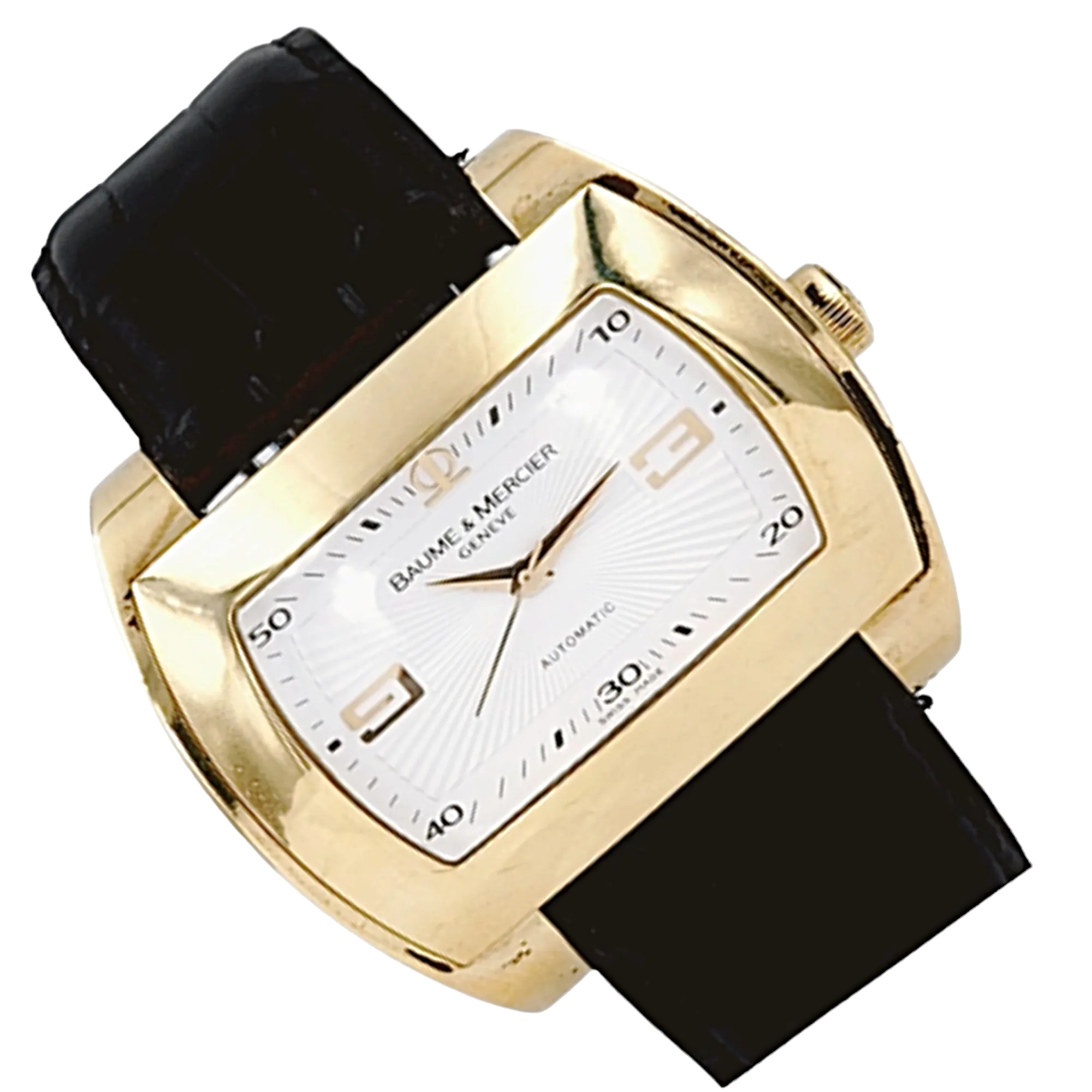 Men's Baume & Mercier 38mm x 42mm Hampton 18K Solid Yellow Gold Automatic Watch with Black Leather Band and Silver Dial. (Pre-Owned)