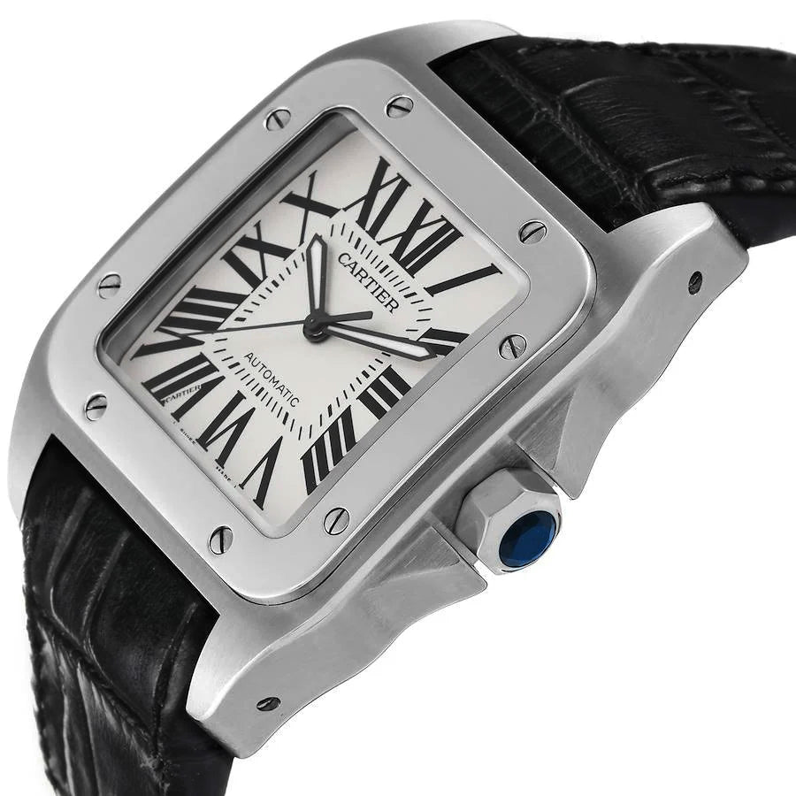 Men's Cartier 38mm Santos 100 XL Watch with Black Leather Band and White Dial. (Pre-Owned 2656)