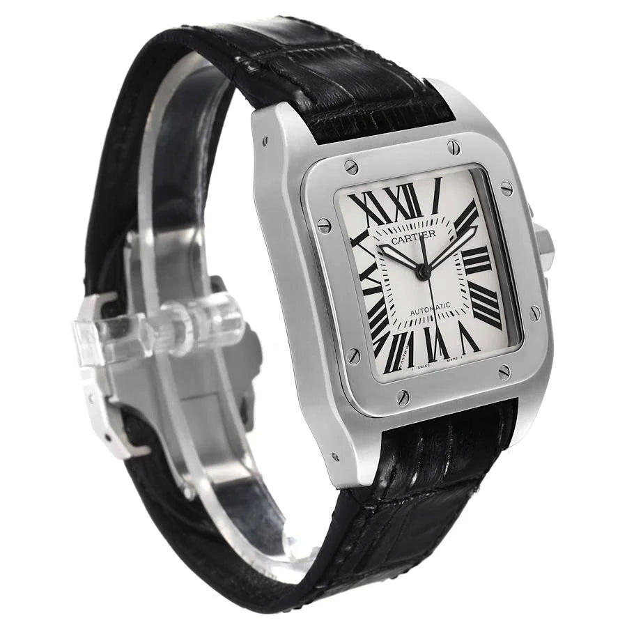 Men's Cartier 38mm Santos 100 XL Watch with Black Leather Band and White Dial. (Pre-Owned 2656)