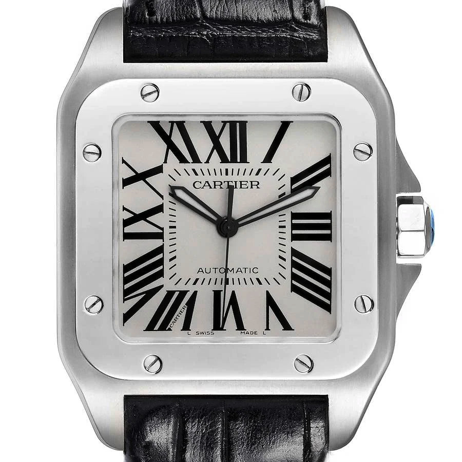 Men's Cartier 38mm Santos 100 XL Watch with Black Leather Band and White Dial. (Pre-Owned 2656)