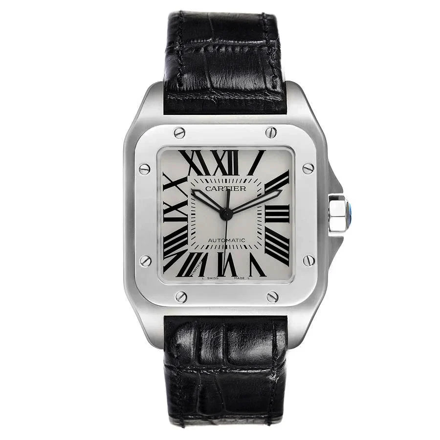 Men's Cartier 38mm Santos 100 XL Watch with Black Leather Band and White Dial. 2656