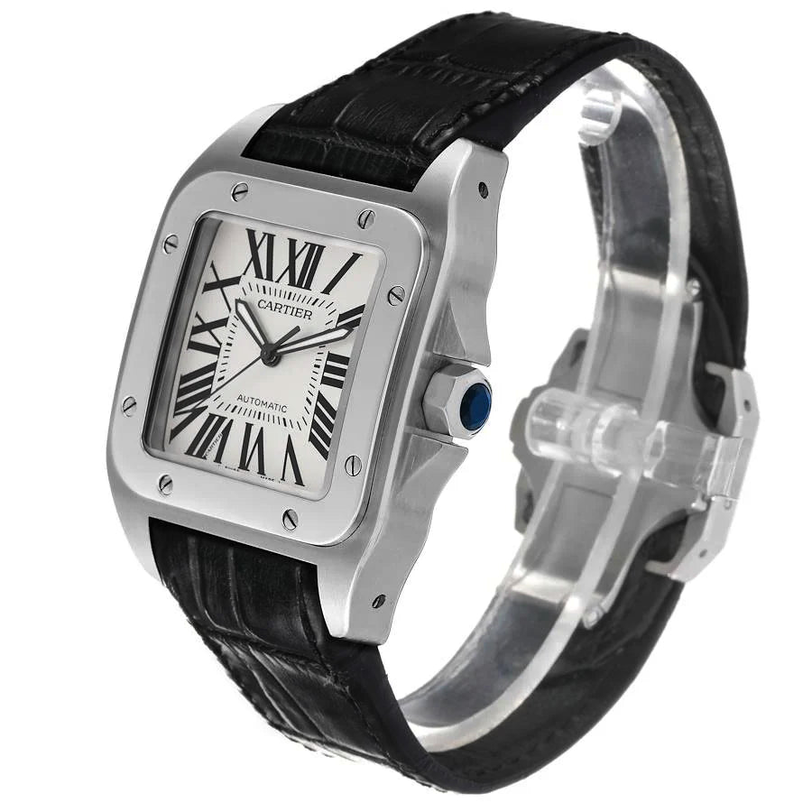 Men's Cartier 38mm Santos 100 XL Watch with Black Leather Band and White Dial. (Pre-Owned 2656)