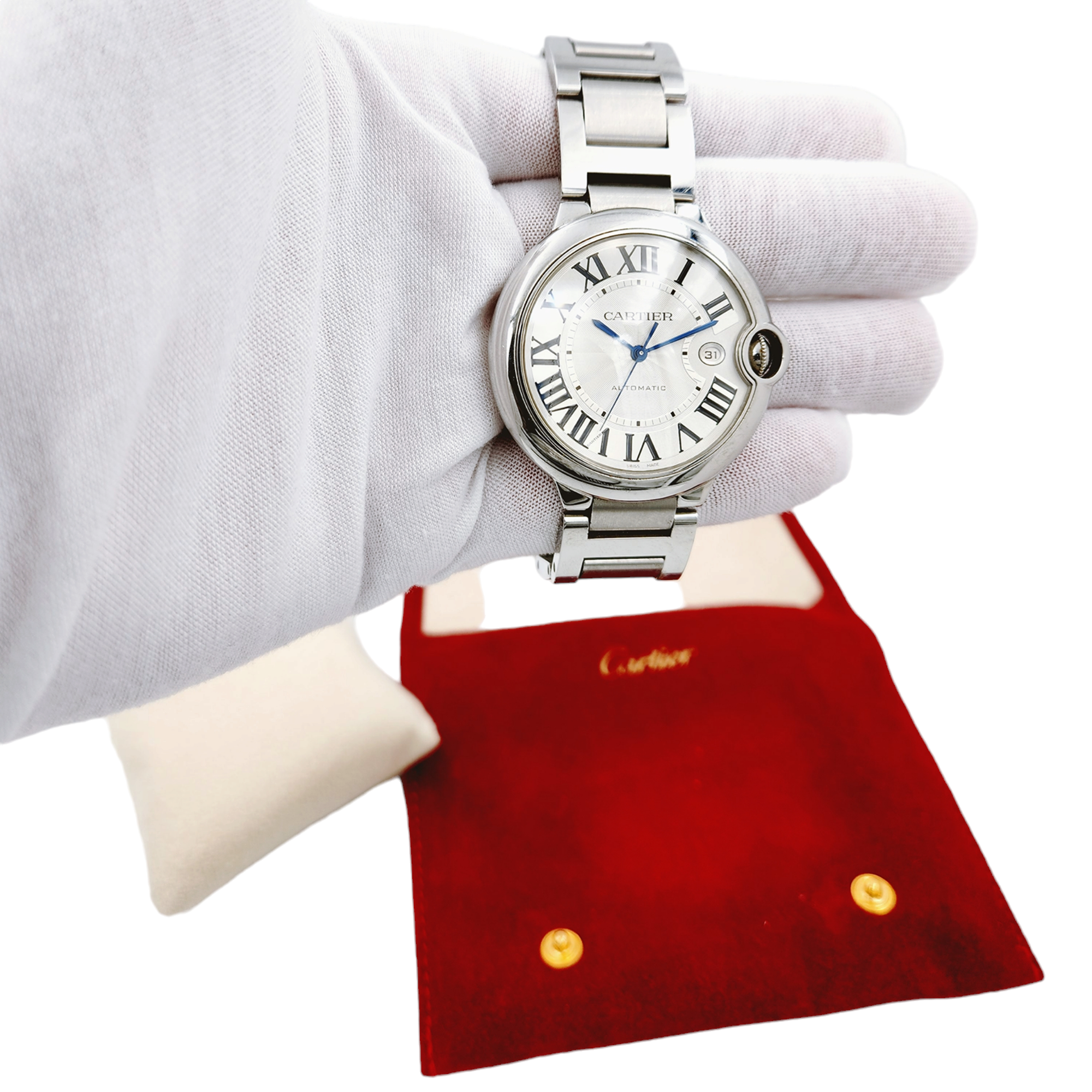 Men's Cartier 42mm Ballon Bleu Automatic Stainless Steel Watch with Roman Numeral Silver Dial and Smooth Bezel. (Pre-Owned W69012Z4)