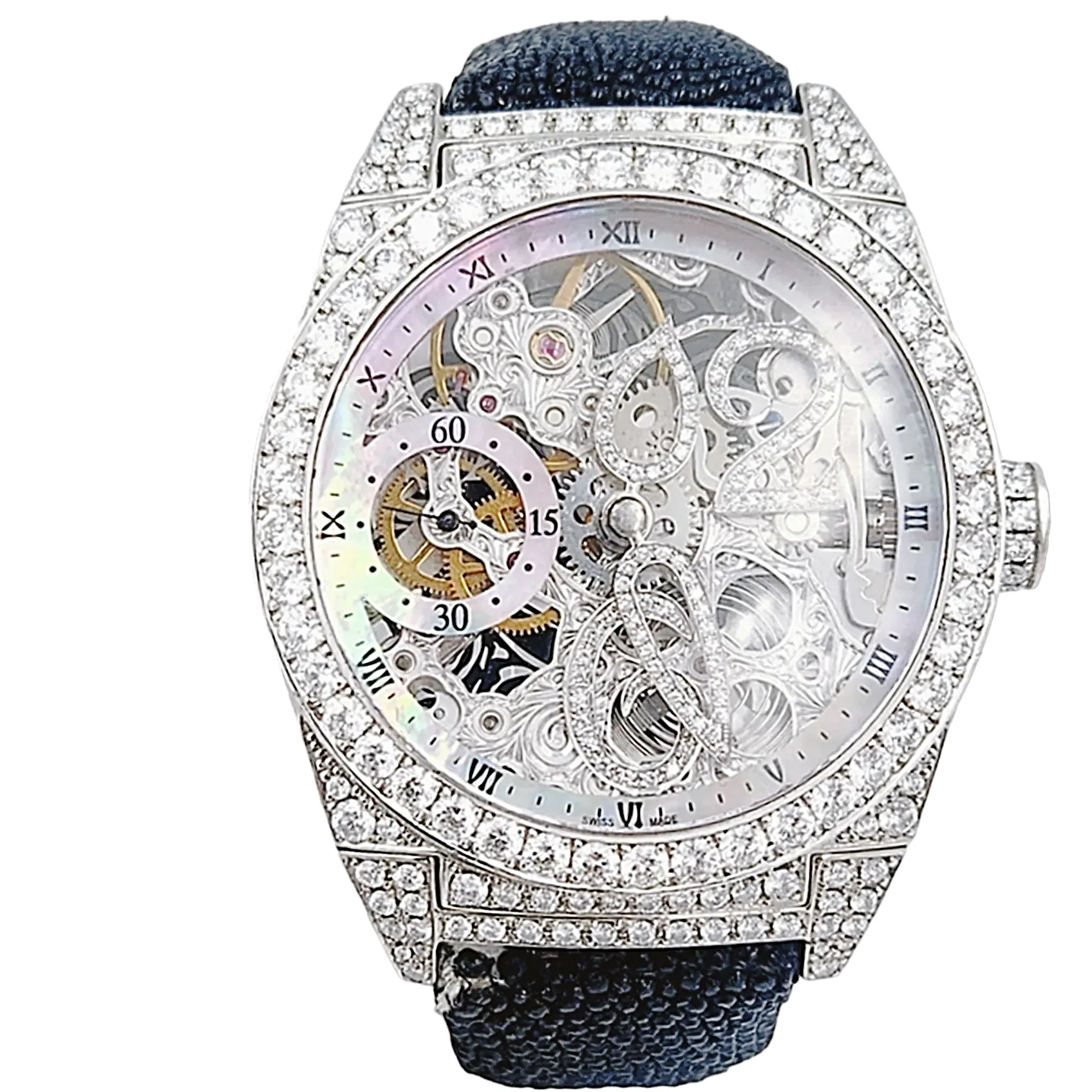 Men's D'Atlantis 44mm Full Diamond Skeleton Automatic Watch with Mother of Pearl Dial and Diamond Bezel. (Pre-Owned)