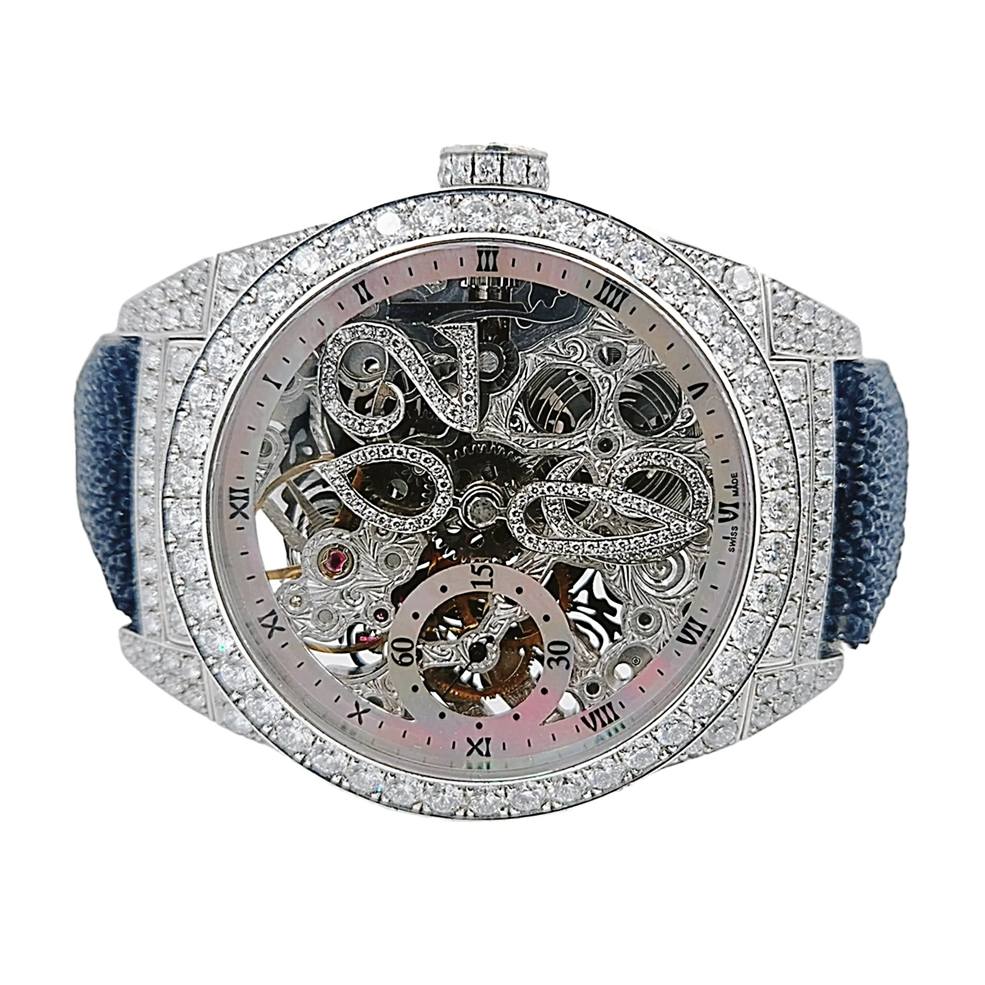 Men's D'Atlantis 44mm Full Diamond Skeleton Automatic Watch with Mother of Pearl Dial and Diamond Bezel. (Pre-Owned)