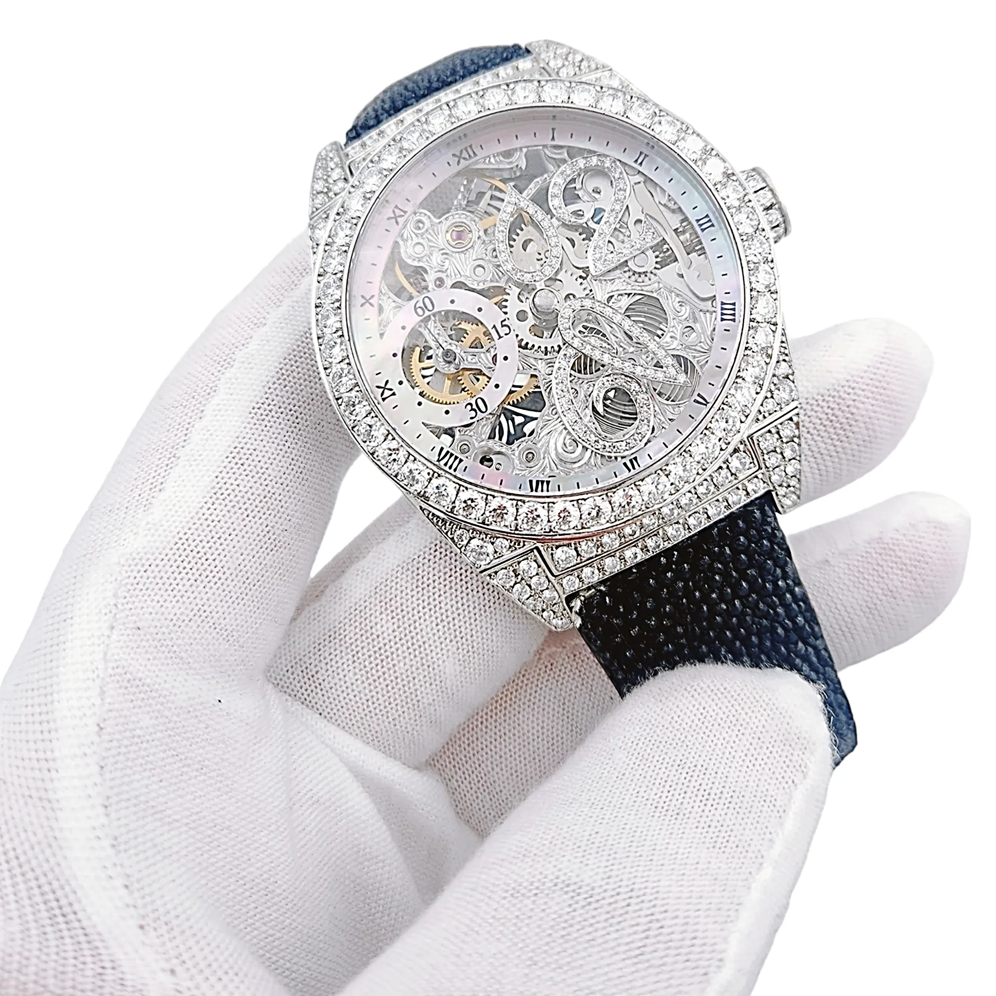 Men's D'Atlantis 44mm Full Diamond Skeleton Automatic Watch with Mother of Pearl Dial and Diamond Bezel. (Pre-Owned)