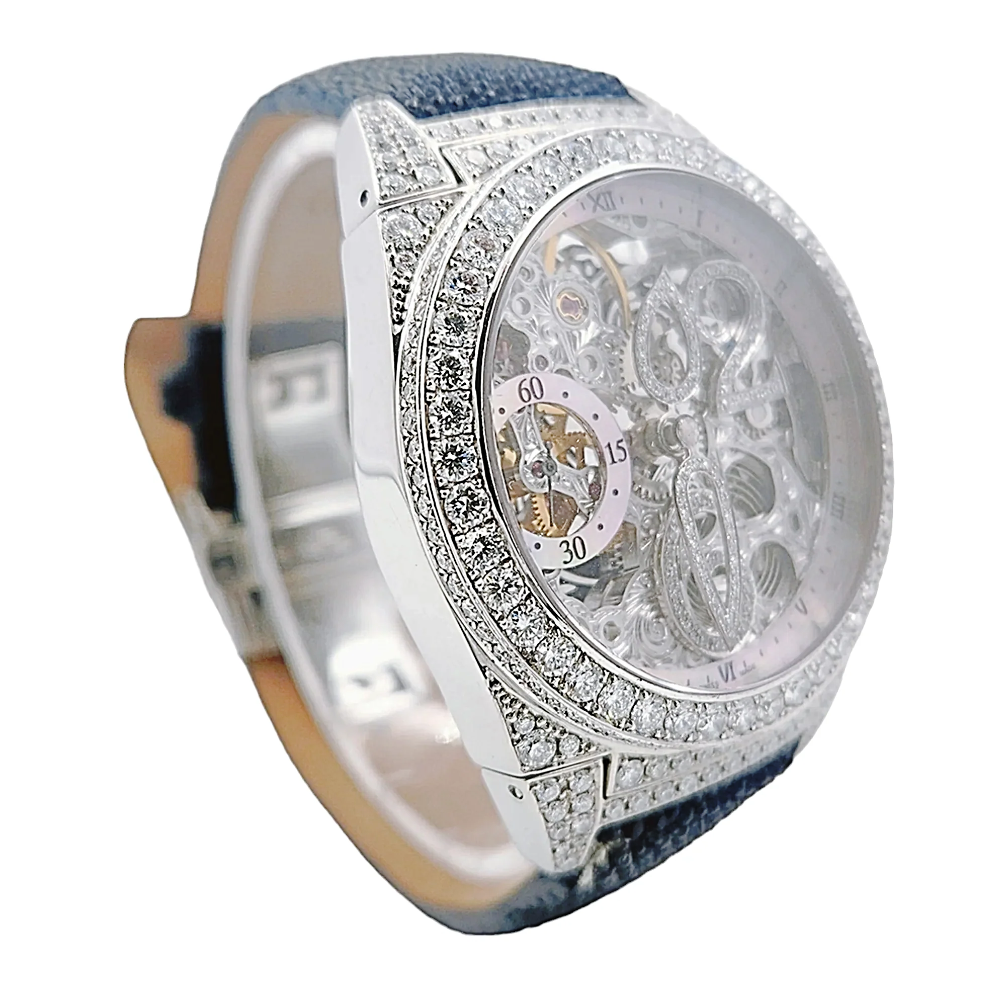 Men's D'Atlantis 44mm Full Diamond Skeleton Automatic Watch with Mother of Pearl Dial and Diamond Bezel. (Pre-Owned)