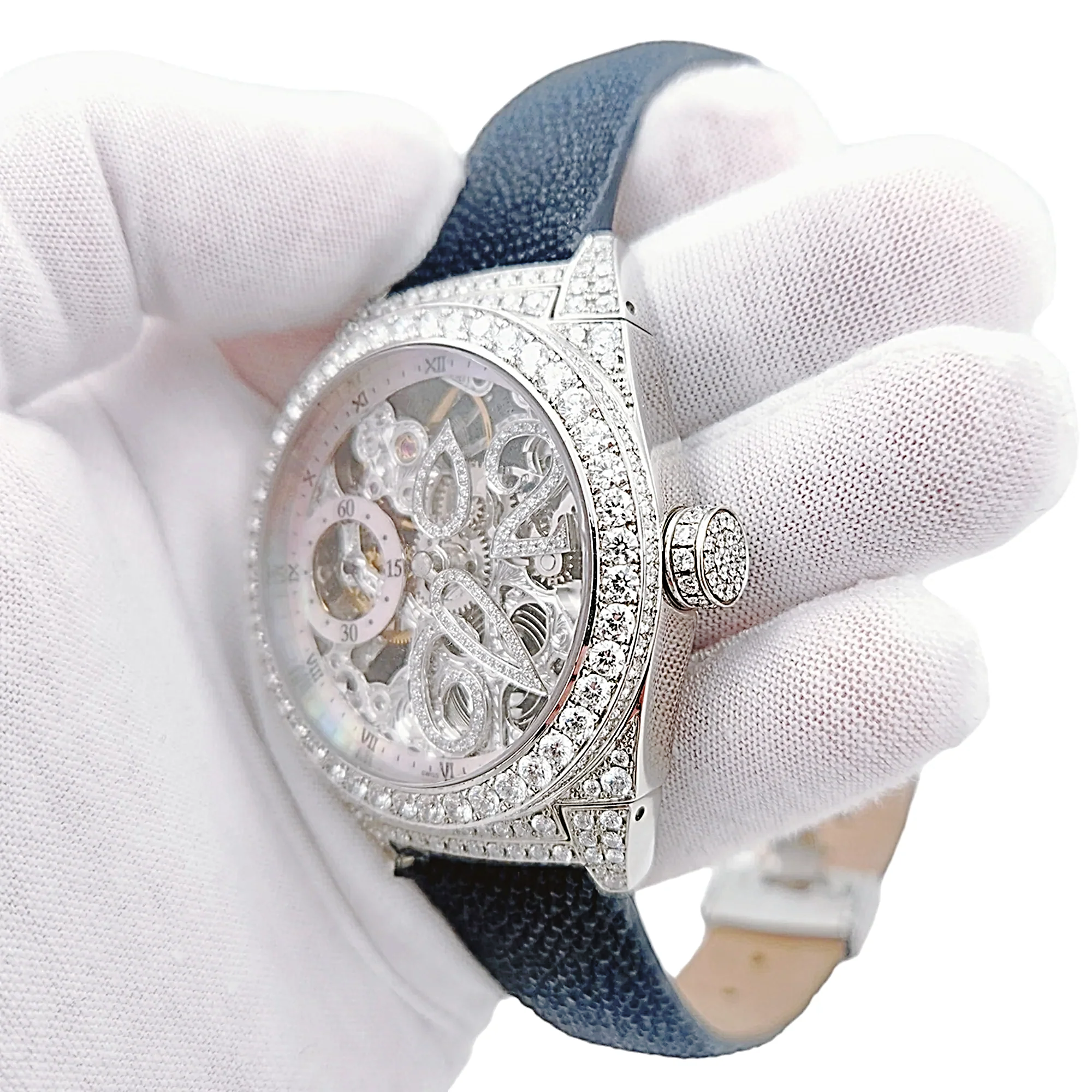 Men's D'Atlantis 44mm Full Diamond Skeleton Automatic Watch with Mother of Pearl Dial and Diamond Bezel. (Pre-Owned)