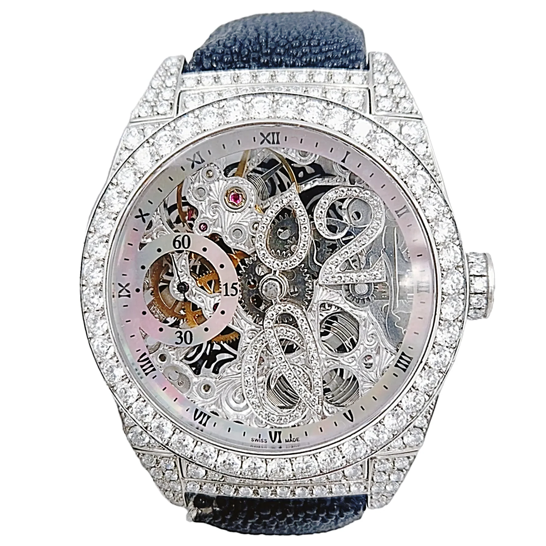 Men's D'Atlantis 44mm Full Diamond Skeleton Automatic Watch with Mother of Pearl Dial and Diamond Bezel. (Pre-Owned)