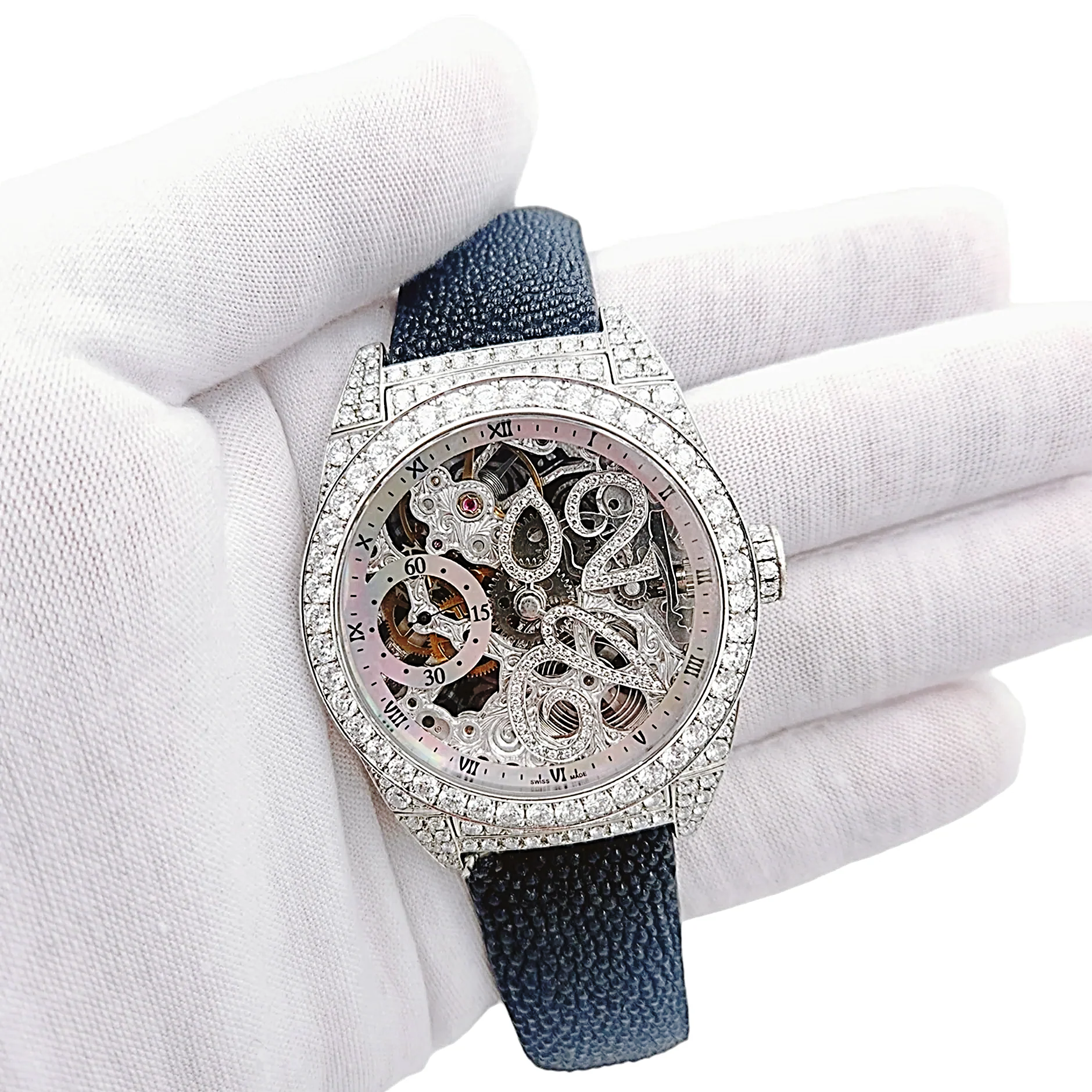 Men's D'Atlantis 44mm Full Diamond Skeleton Automatic Watch with Mother of Pearl Dial and Diamond Bezel. (Pre-Owned)