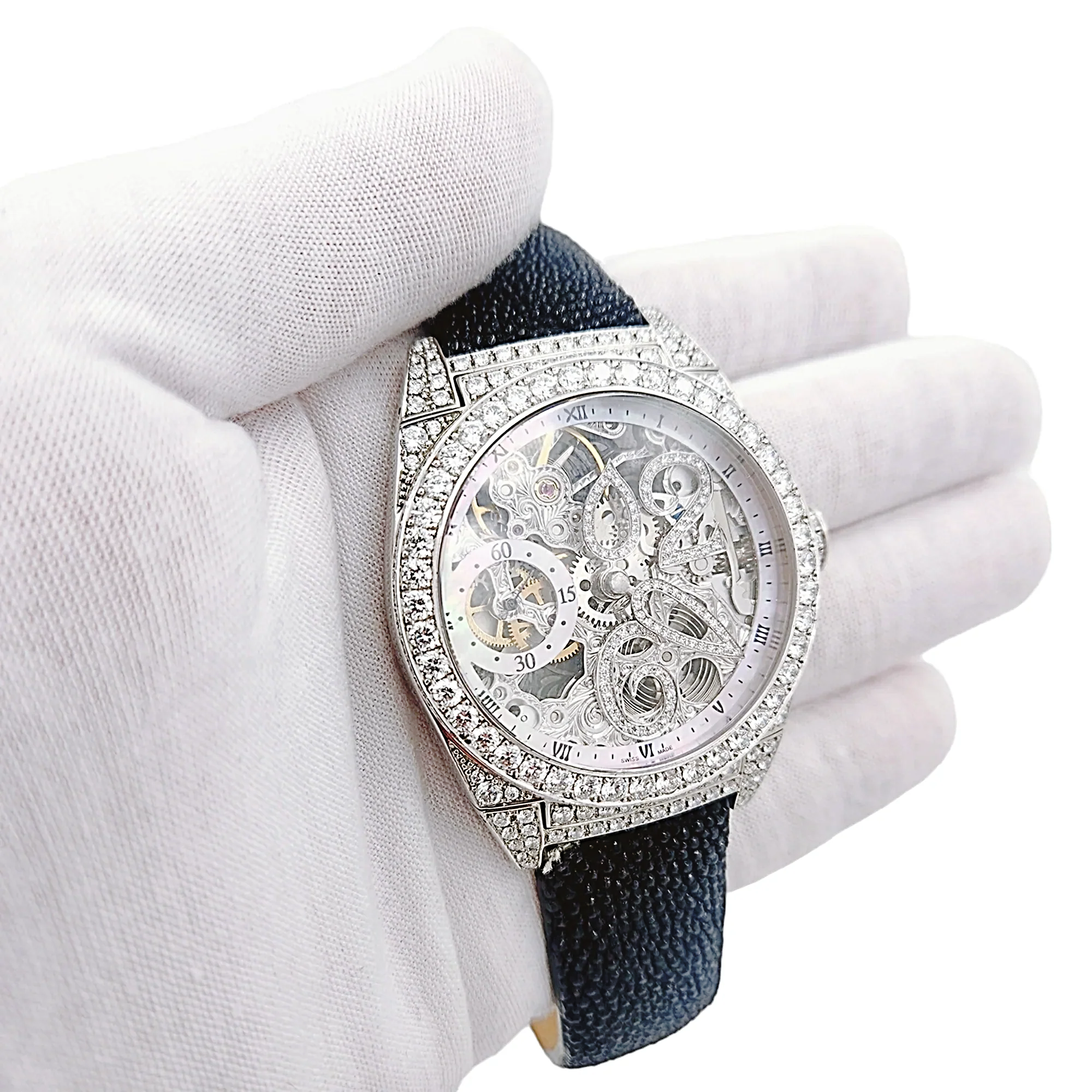 Men's D'Atlantis 44mm Full Diamond Skeleton Automatic Watch with Mother of Pearl Dial and Diamond Bezel. (Pre-Owned)