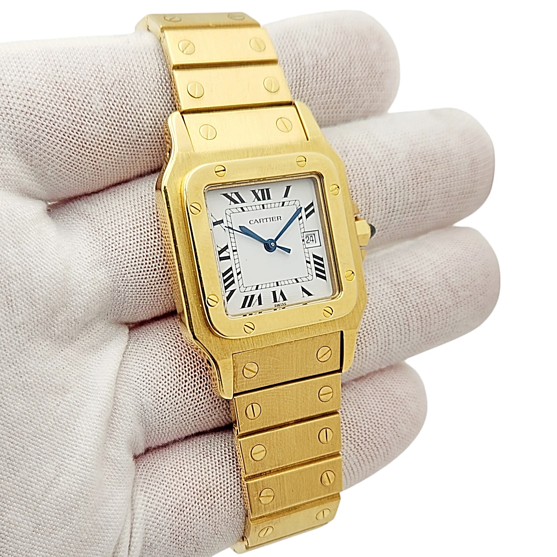 Men's Large Cartier Santos 29mm x 41mm 18K Yellow Gold Watch with White Roman Numeral Dial. (Pre-Owned 2960)