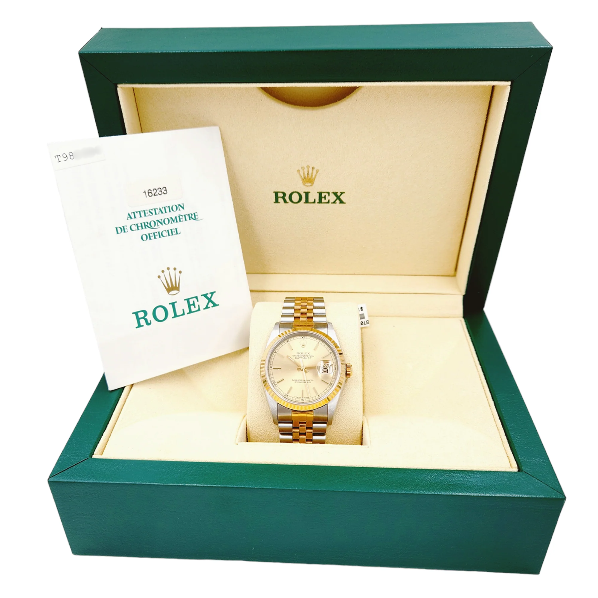 Men's Rolex 36mm DateJust Two Tone 18K Yellow Gold / Stainless Steel Watch with Fluted Bezel and Champagne Dial. (UNWORN 16233)