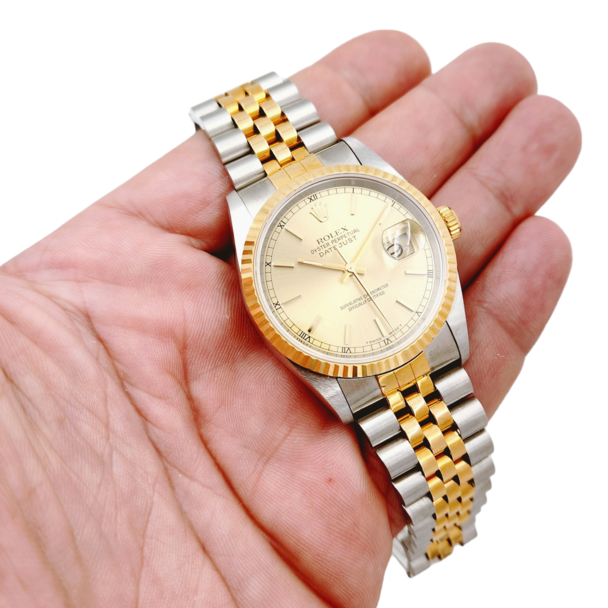 Men's Rolex 36mm DateJust Two Tone 18K Yellow Gold / Stainless Steel Watch with Fluted Bezel and Champagne Dial. (UNWORN 16233)