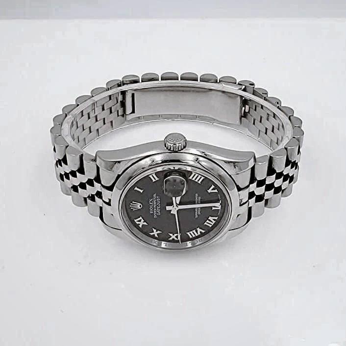 Men's Rolex 36mm Oyster Perpetual DateJust Stainless Steel Watch with Sunbeam Roman Numeral Black Dial and Smooth Bezel. (Pre-Owned 116200)