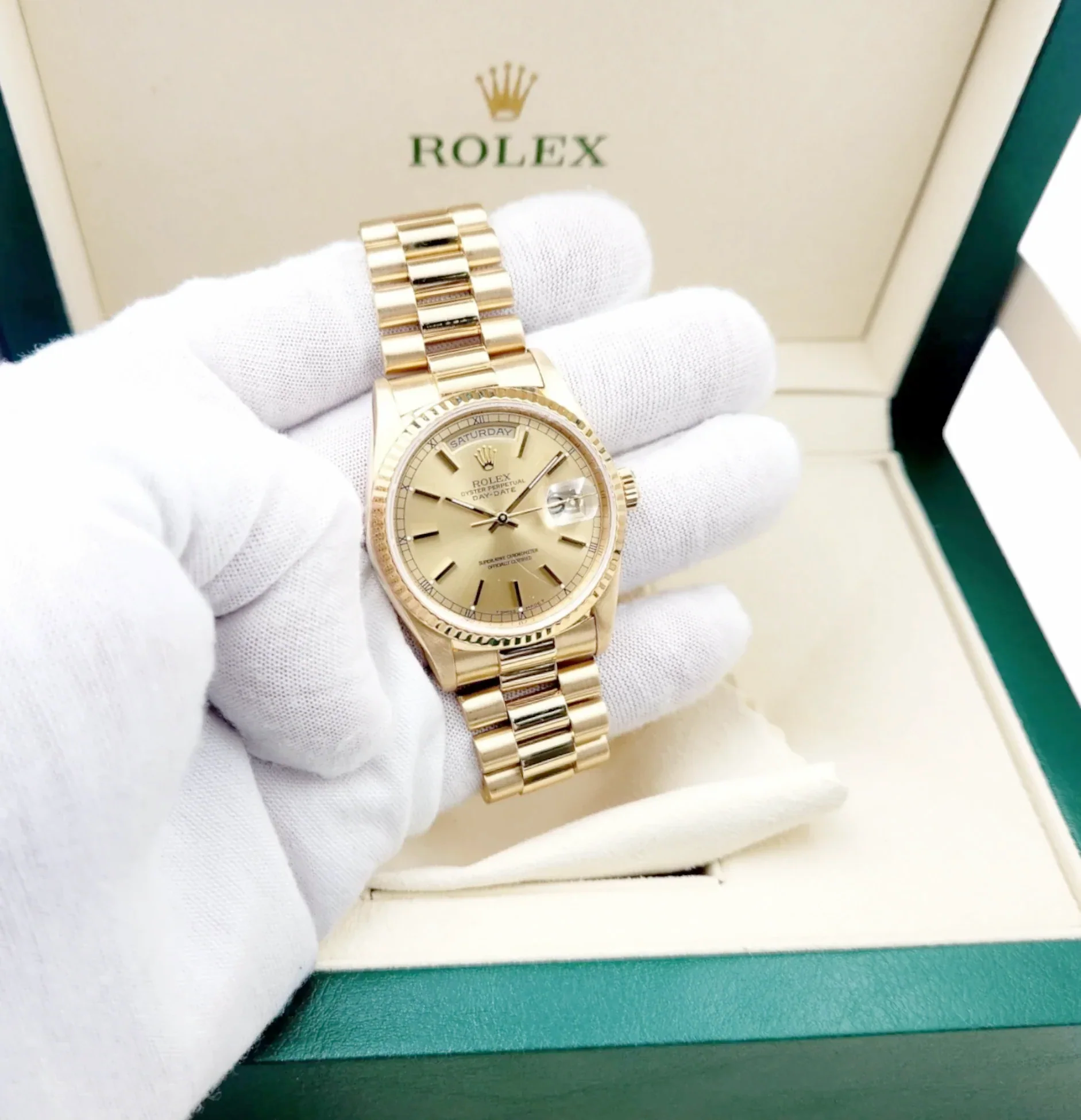Men's Rolex 36mm Day-Date Presidential 18K Yellow Gold Watch with Gold Dial and Fluted Bezel. (Pre-Owned 18238 Box & Paper)