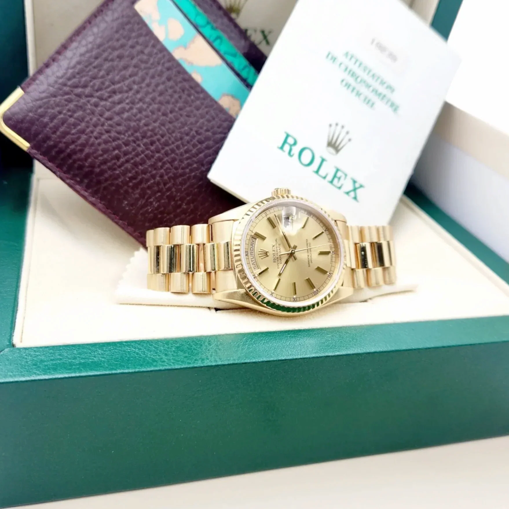 Men's Rolex 36mm Day-Date Presidential 18K Yellow Gold Watch with Gold Dial and Fluted Bezel. (Pre-Owned 18238 Box & Paper)