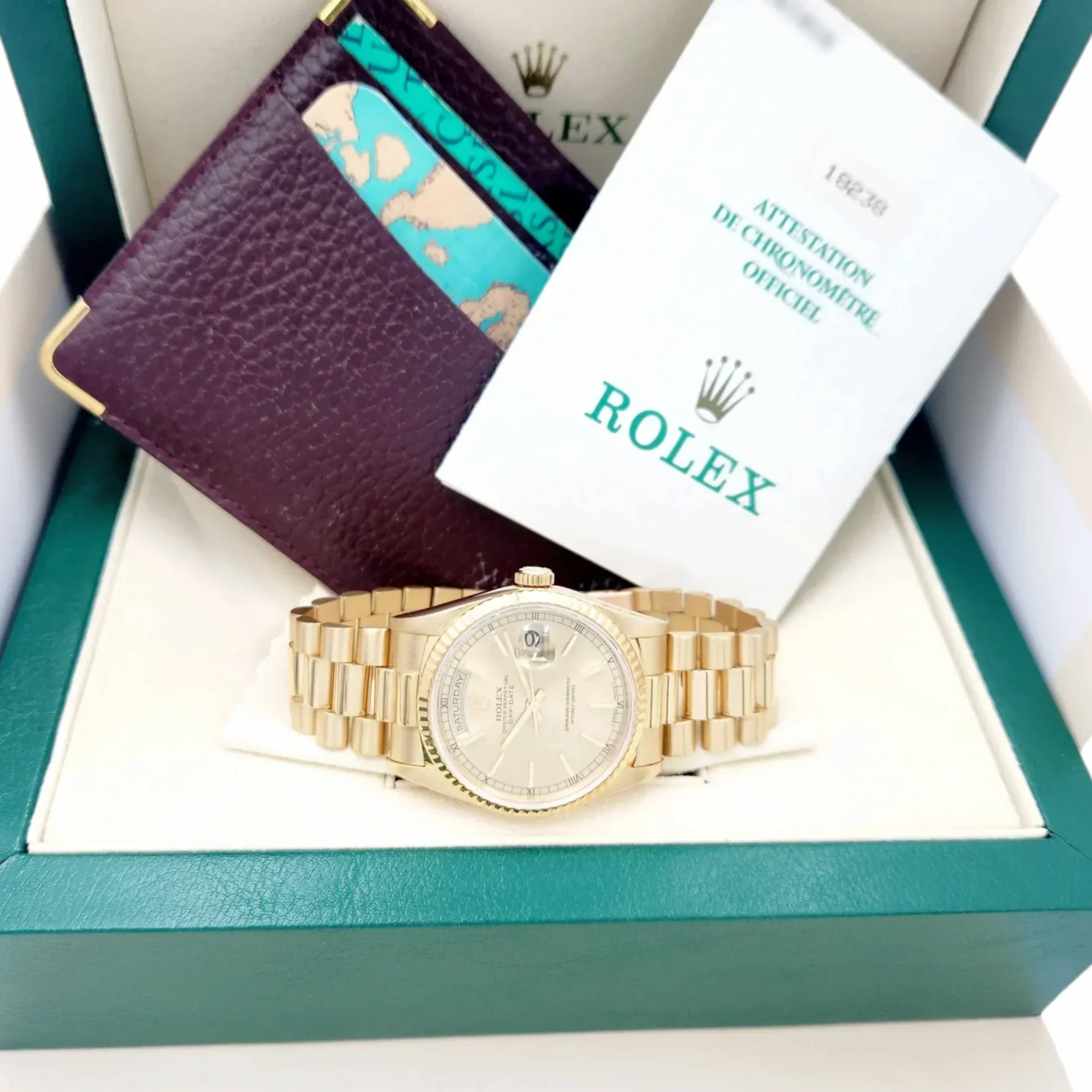 Men's Rolex 36mm Day-Date Presidential 18K Yellow Gold Watch with Gold Dial and Fluted Bezel. (Pre-Owned 18238 Box & Paper)
