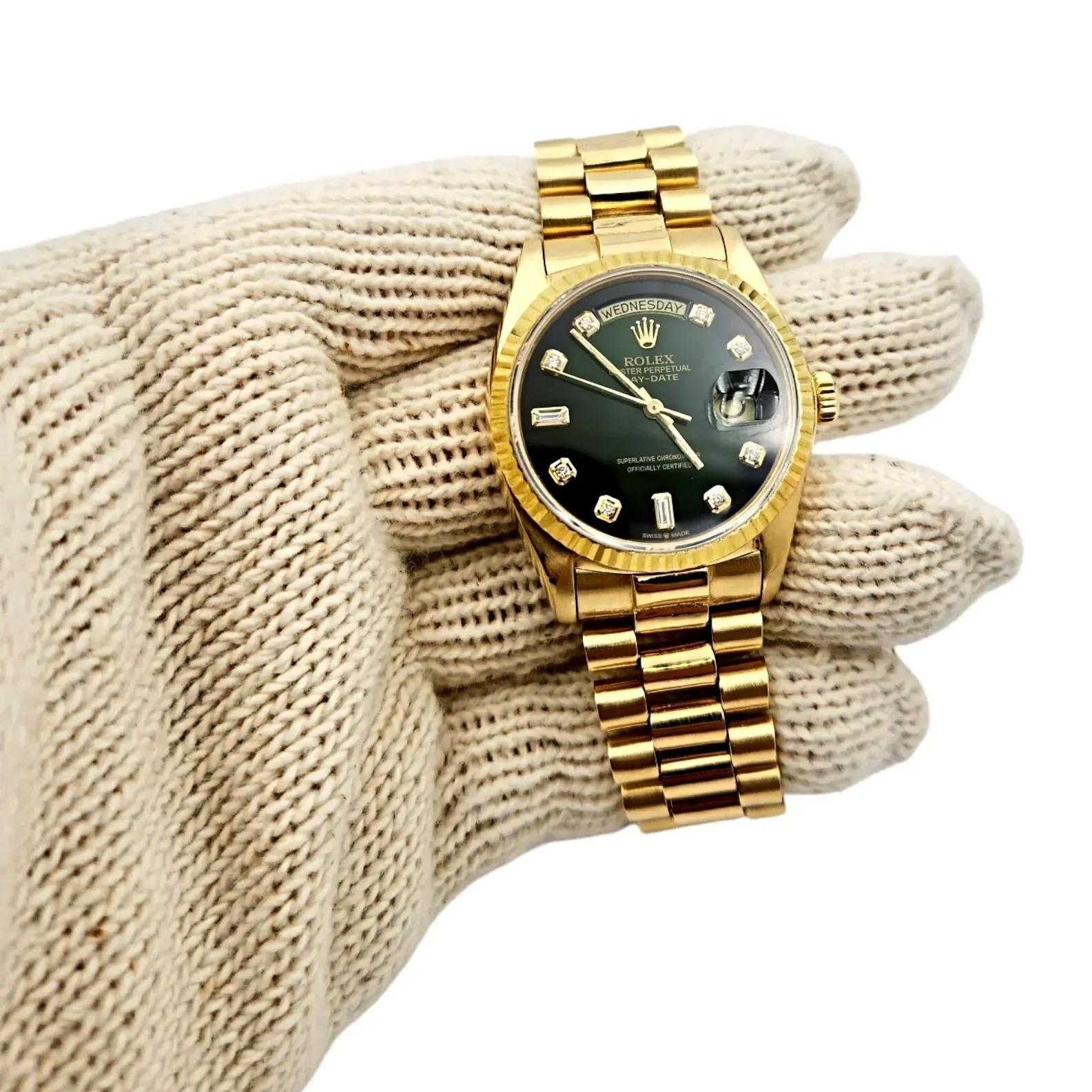 Men's Rolex 36mm Presidential 18K Yellow Gold Watch with Green Diamond Dial and Fluted Bezel. (Pre-Owned 18038)
