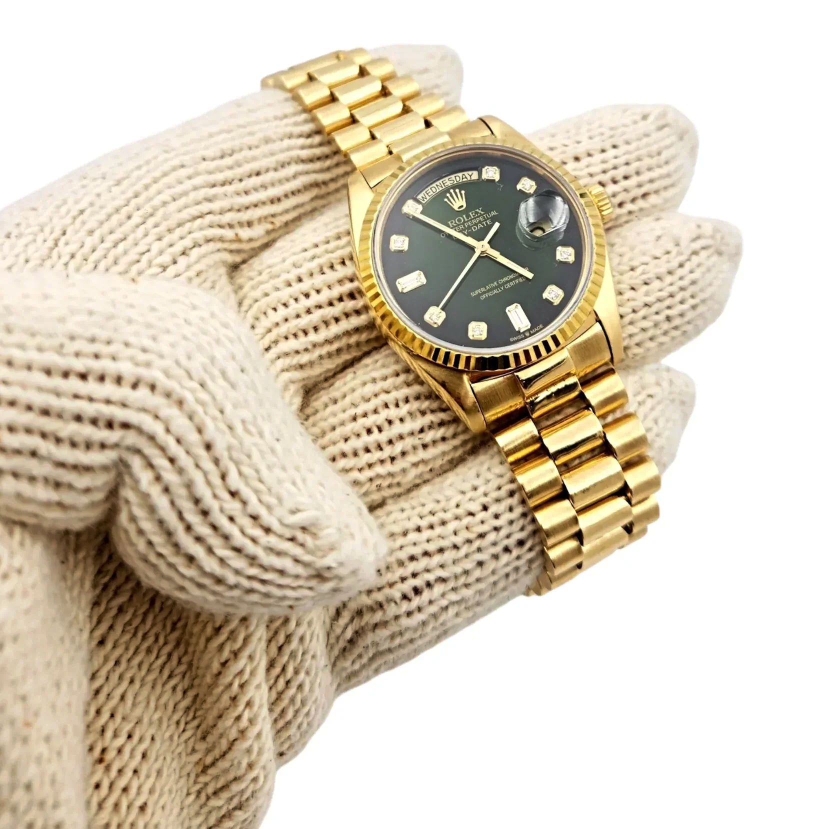 Men's Rolex 36mm Presidential 18K Yellow Gold Watch with Green Diamond Dial and Fluted Bezel. (Pre-Owned 18038)