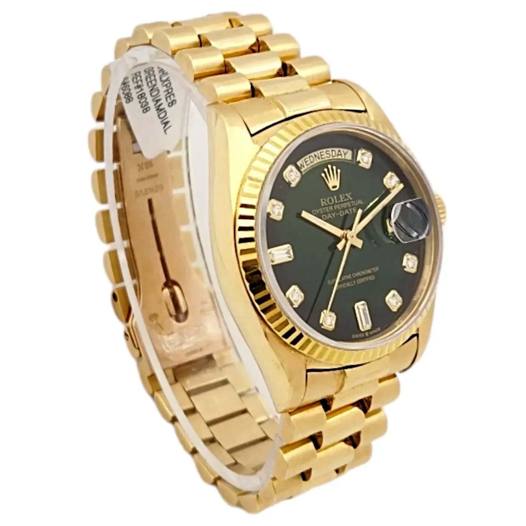 Men's Rolex 36mm Presidential 18K Yellow Gold Watch with Green Diamond Dial and Fluted Bezel. (Pre-Owned 18038)