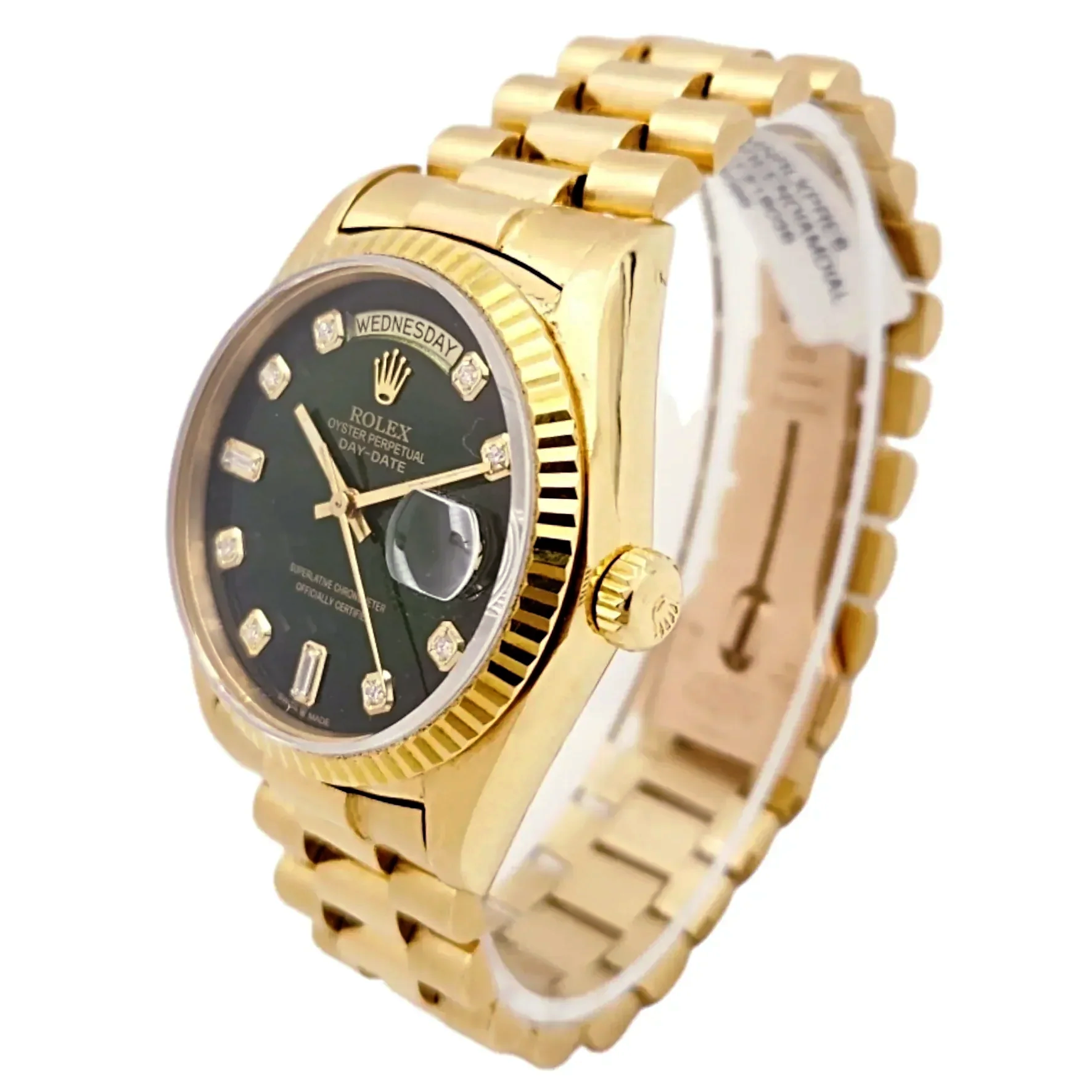 Men's Rolex 36mm Presidential 18K Yellow Gold Watch with Green Diamond Dial and Fluted Bezel. (Pre-Owned 18038)