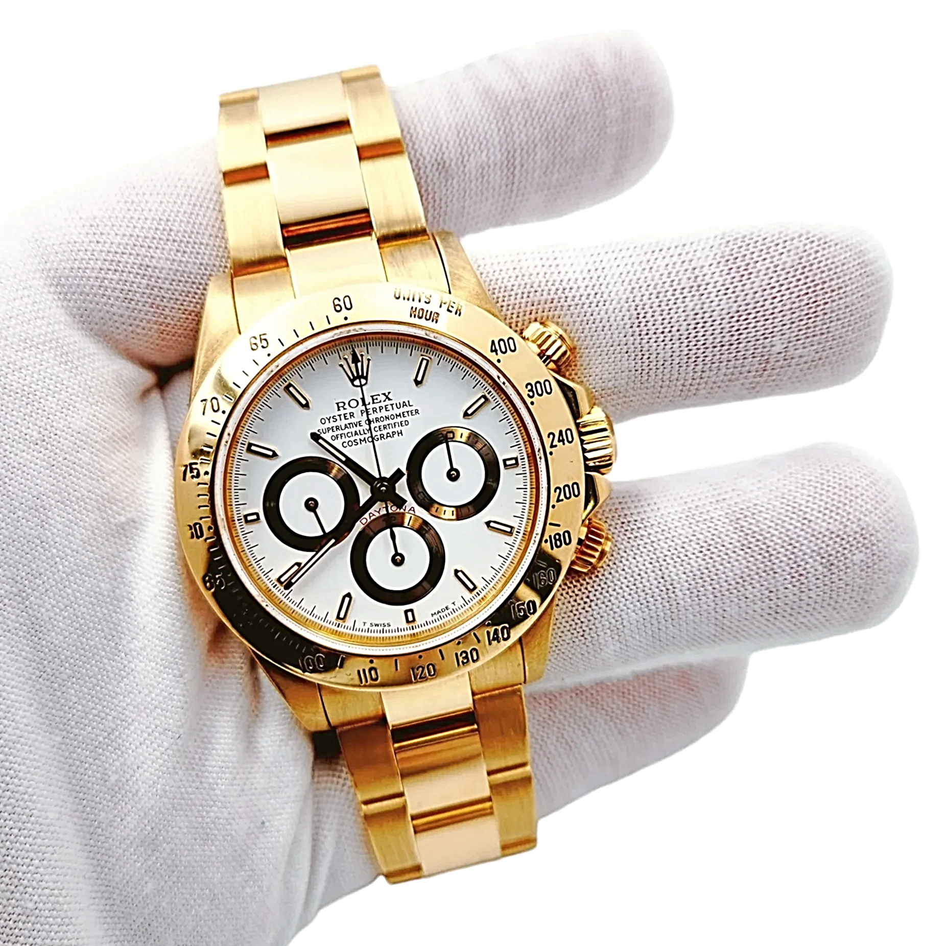 Men's Rolex 40mm Daytona 18K Solid Yellow Gold Watch with White Chronograph Dial. (Pre-Owned 16528)