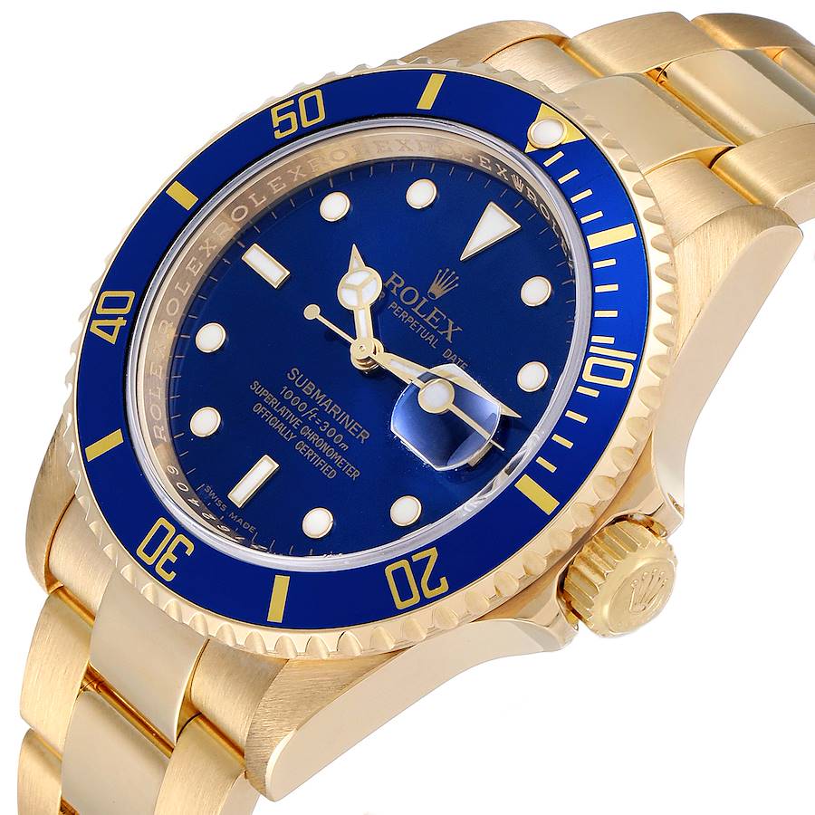 Men's Rolex 40mm Submariner 18K Yellow Gold Oyster Perpetual Watch with Blue Dial and Blue Bezel. (Pre-Owned 16618)